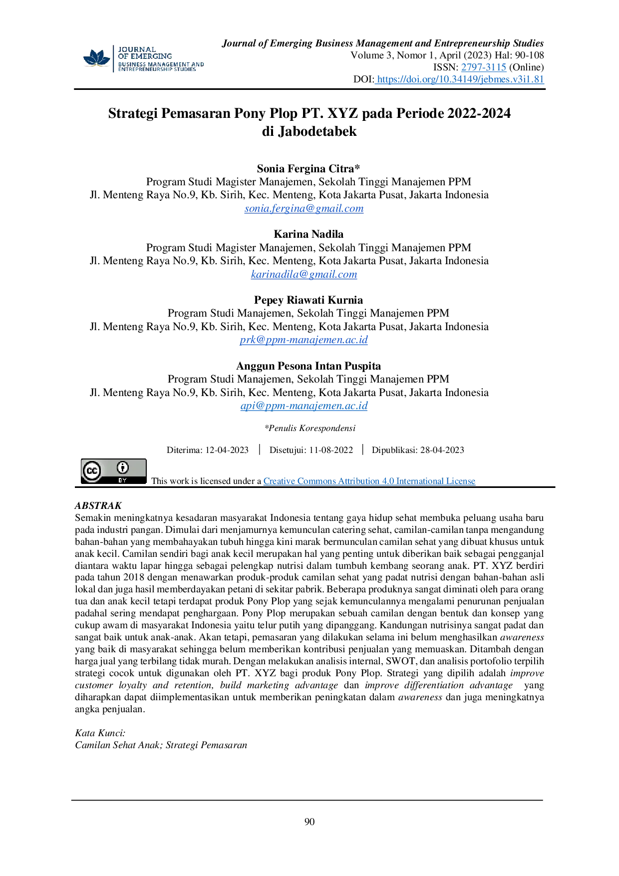 JURIS Strategi Pemasaran Pony Plop PT XYZ pada Periode 2022 2024 di Jabodetabek