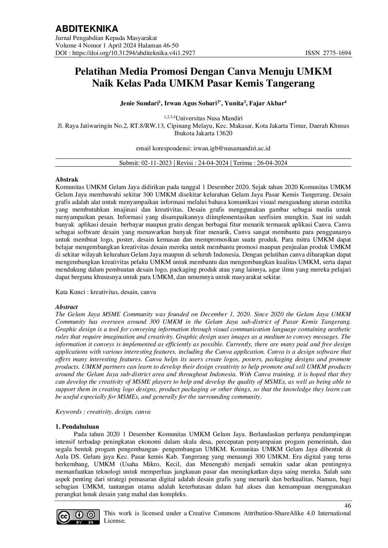 JURIS Pelatihan Media Promosi Dengan Canva Menuju UMKM Naik Kelas Pada UMKM Pasar Kemis Tangerang