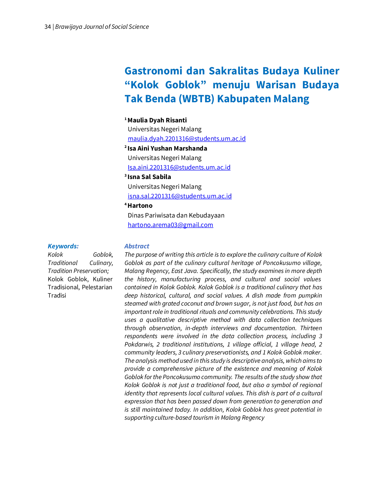 JURIS Gastronomi dan Sakralitas Budaya Kuliner Kolok Goblok menuju Warisan Budaya Tak Benda WBTB Kabupaten Malang