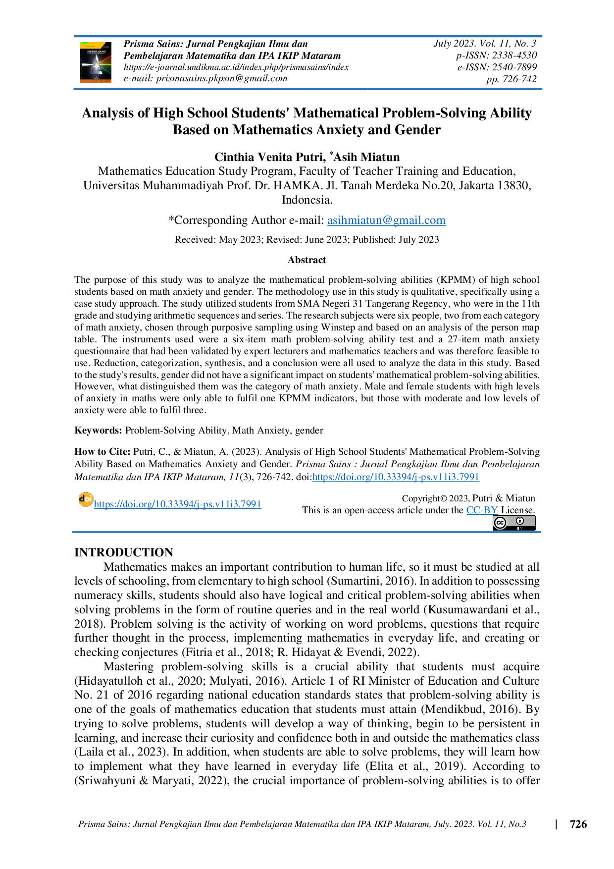 JURIS Analysis of High School Students Mathematical Problem Solving Ability Based on Mathematics Anxiety and Gender