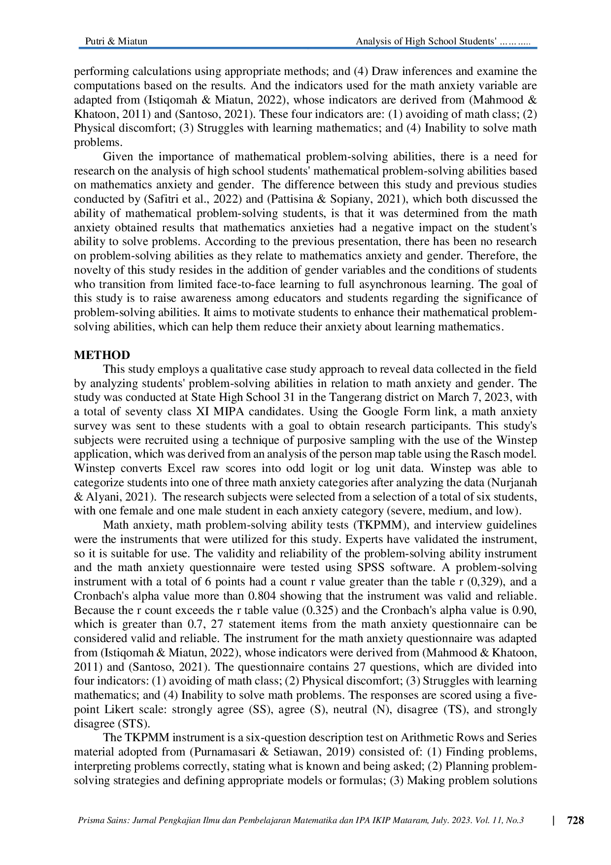 JURIS Analysis of High School Students Mathematical Problem Solving Ability Based on Mathematics Anxiety and Gender