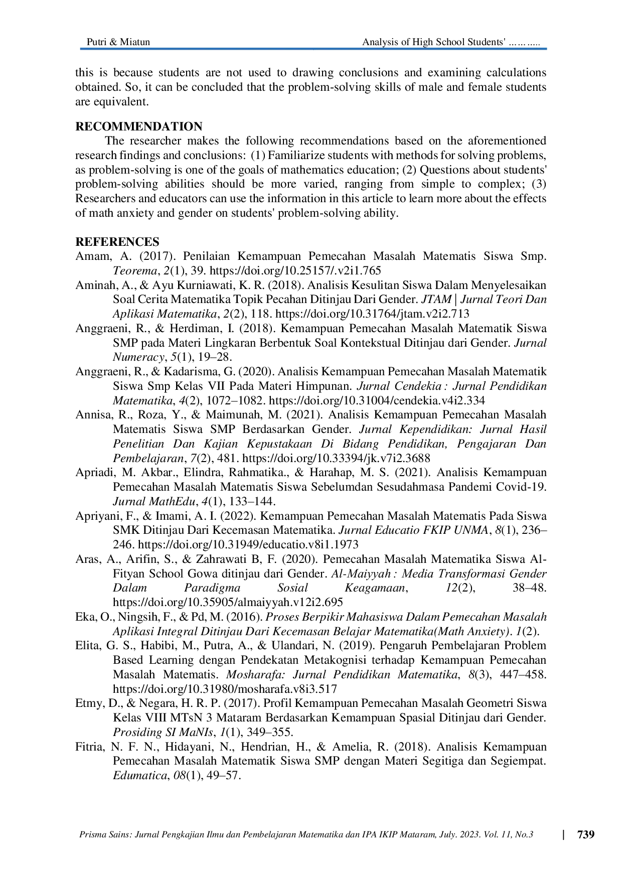 JURIS Analysis of High School Students Mathematical Problem Solving Ability Based on Mathematics Anxiety and Gender