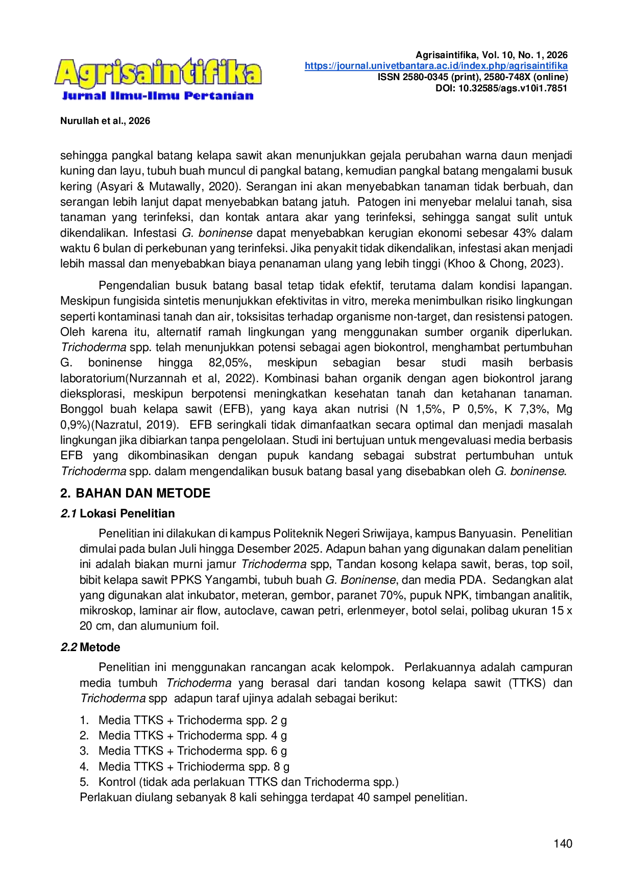JURIS Optimalisasi Media Pertumbuhan Trichoderma dari Limbah Tangkos dalam Meningkatkan Pertumbuhan Vegetatif dan Mengendalikan Ganoderma Boninense pada Bibit Kelapa Sawit