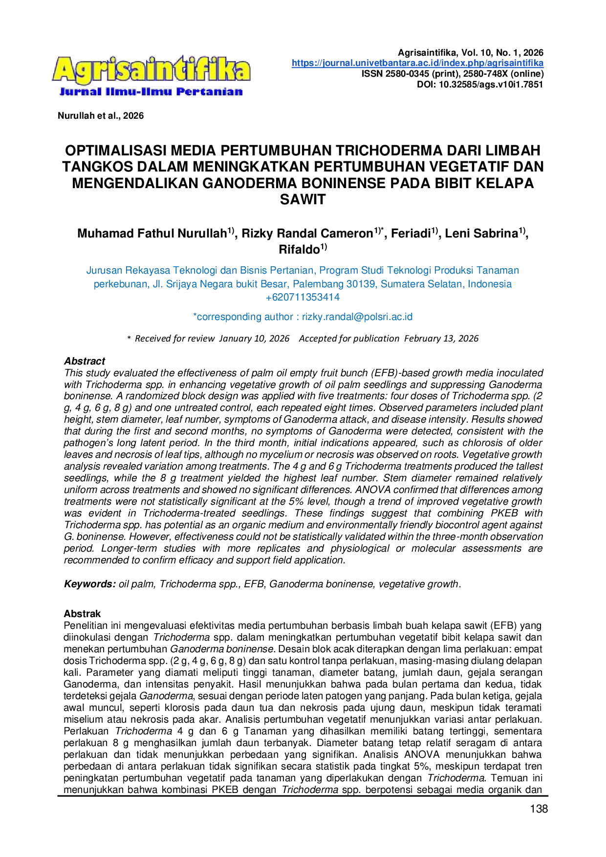 JURIS Optimalisasi Media Pertumbuhan Trichoderma dari Limbah Tangkos dalam Meningkatkan Pertumbuhan Vegetatif dan Mengendalikan Ganoderma Boninense pada Bibit Kelapa Sawit