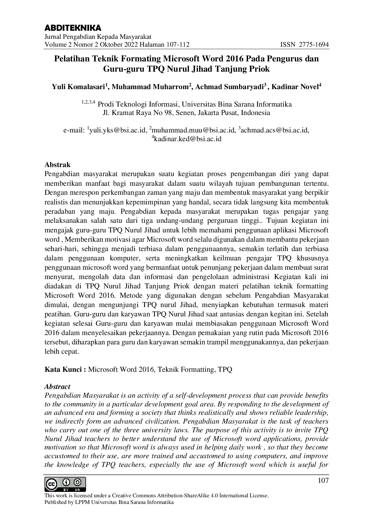 JURIS Pelatihan Teknik Formatting Microsoft Word 2016 Pada Pengurus Dan Guru Guru TPQ Nurul Jihad Tanjung Priok