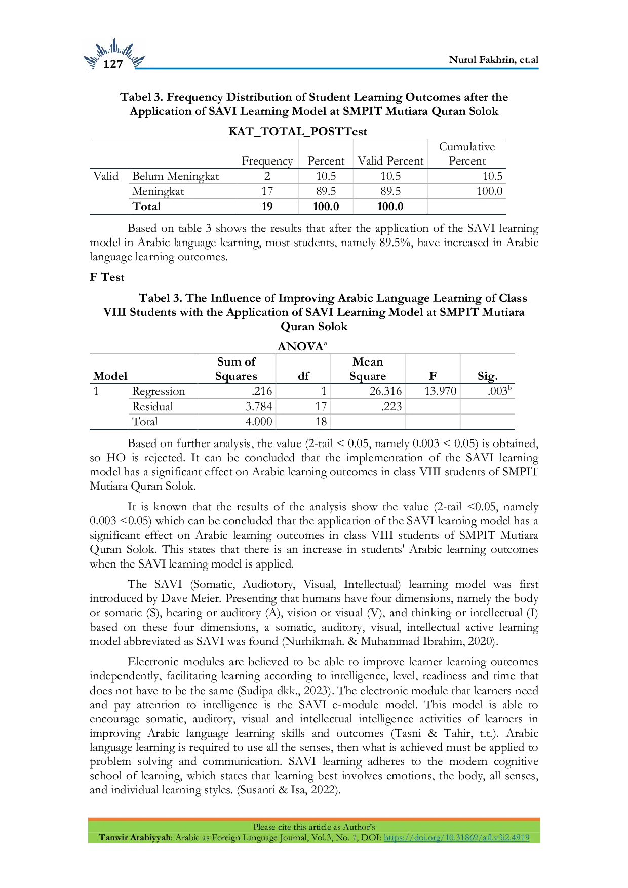 JURIS Application of SAVI Learning Model to Improve Students Arabic Learning Outcomes