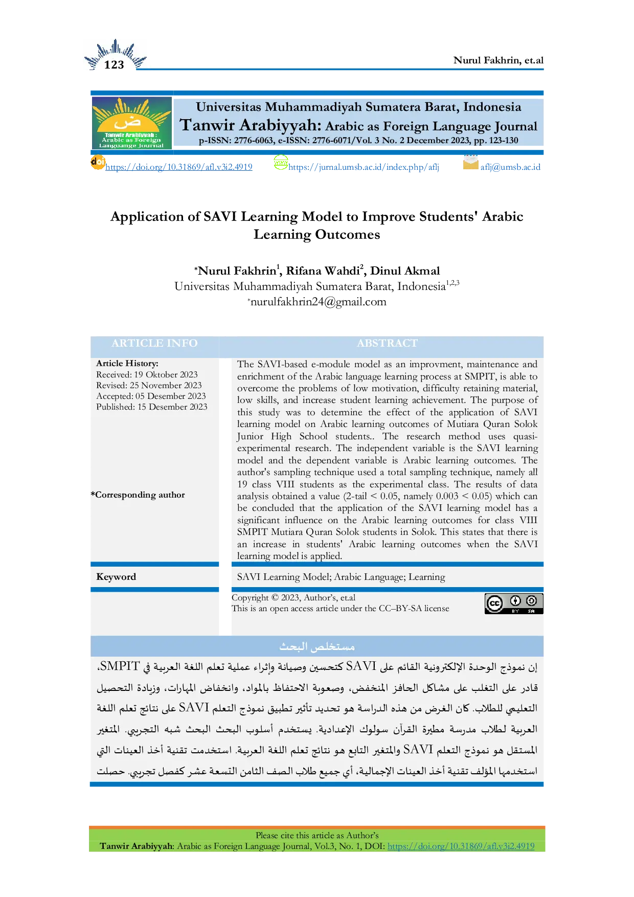JURIS Application of SAVI Learning Model to Improve Students Arabic Learning Outcomes