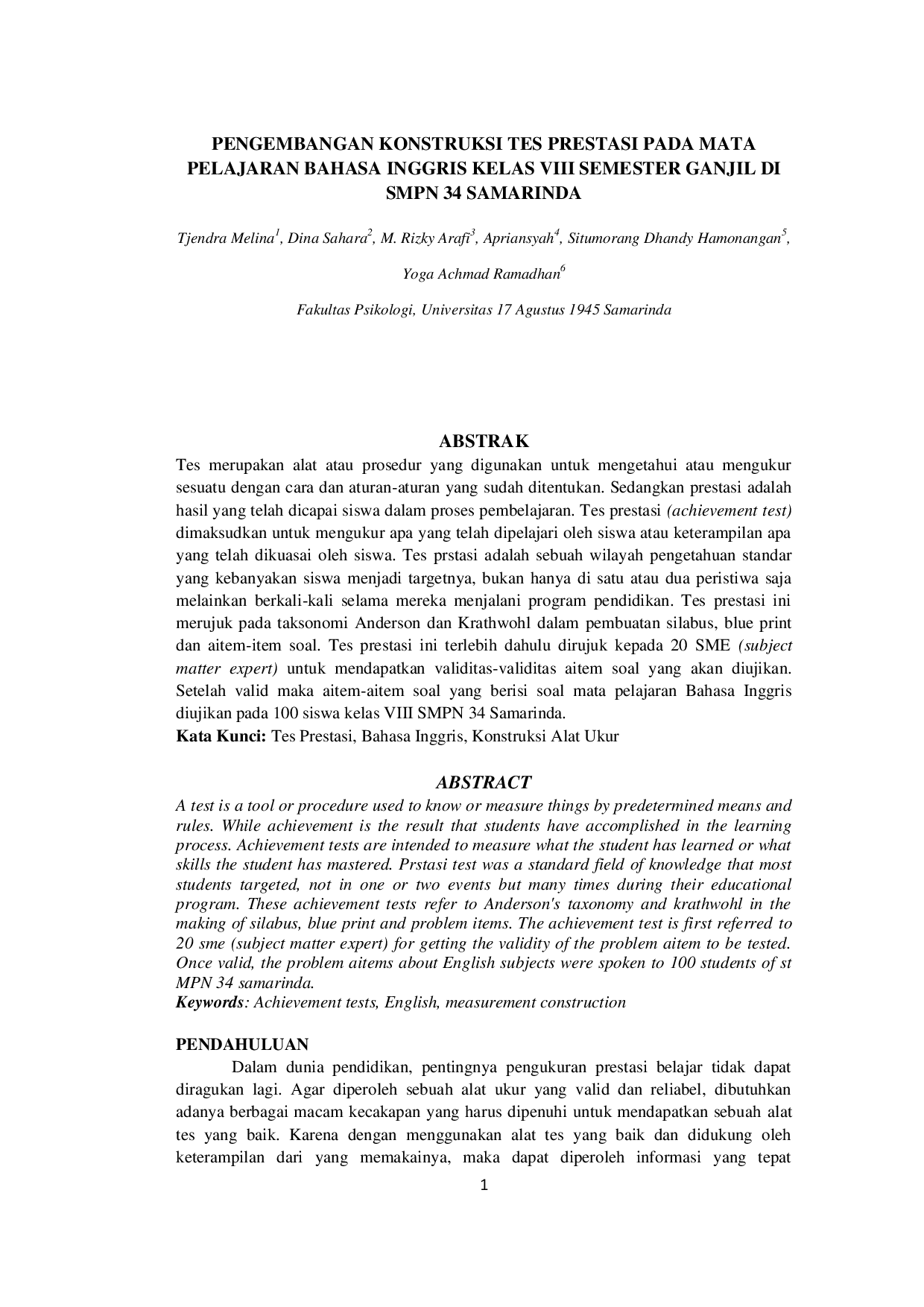 JURIS Pengembangan Konstruksi Tes Prestasi Pada Mata Pelajaran Bahasa Inggris Kelas Viii Semester Ganjil Di Smpn 34 Samarinda