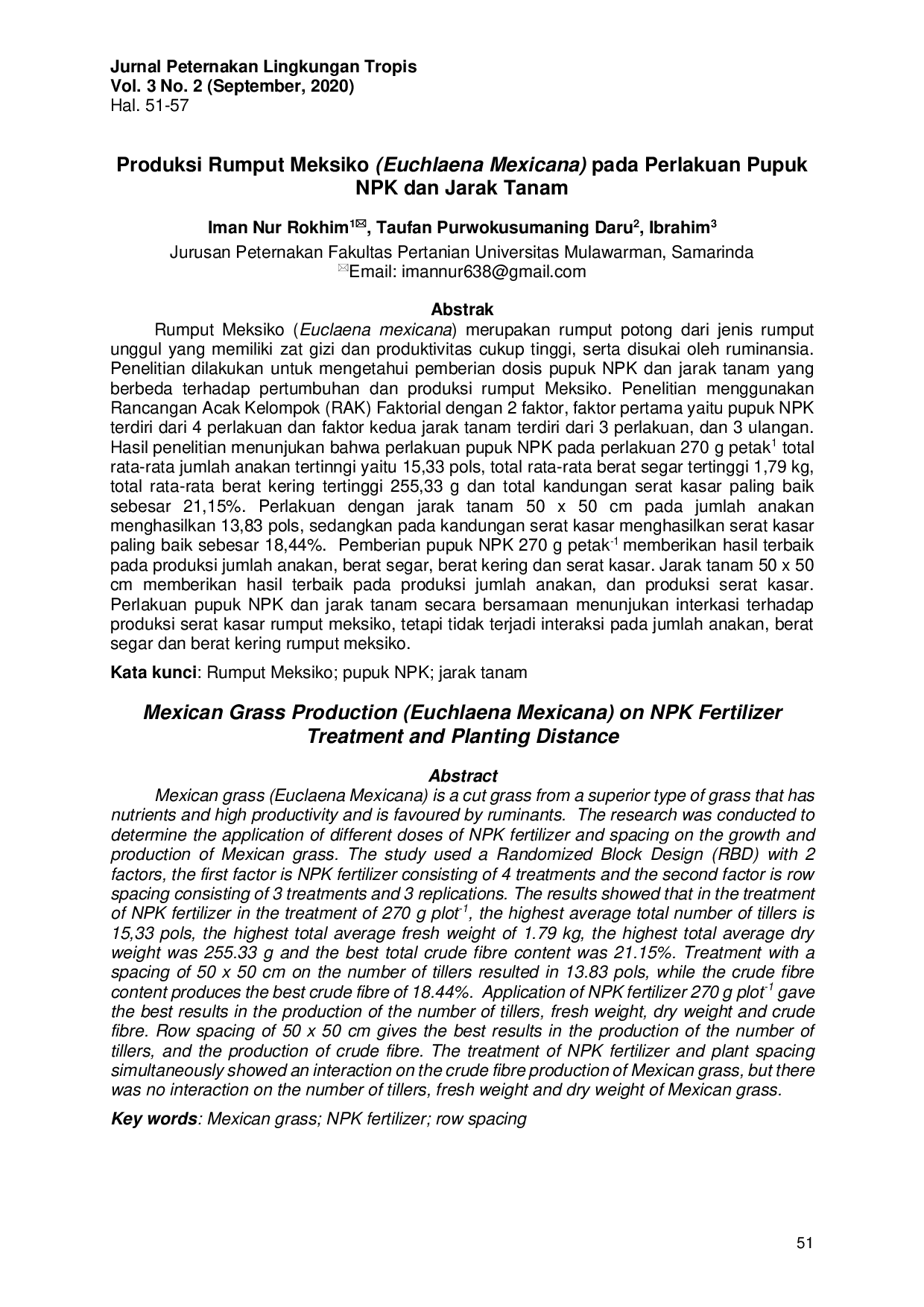 JURIS Produksi Rumput Meksiko Euchlaena Mexicana pada Perlakuan Pupuk NPK dan Jarak Tanam