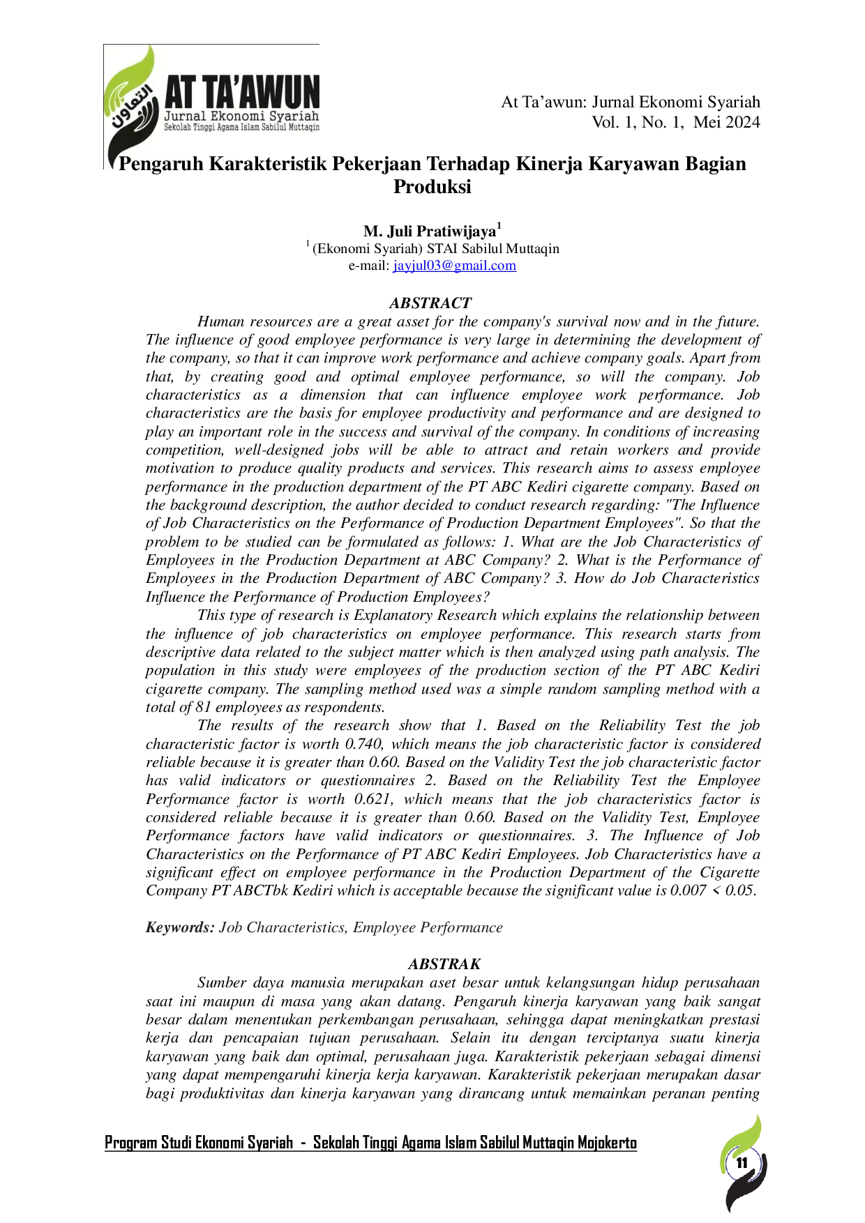 JURIS Pengaruh Karakteristik Pekerjaan Terhadap Kinerja Karyawan Bagian Produksi