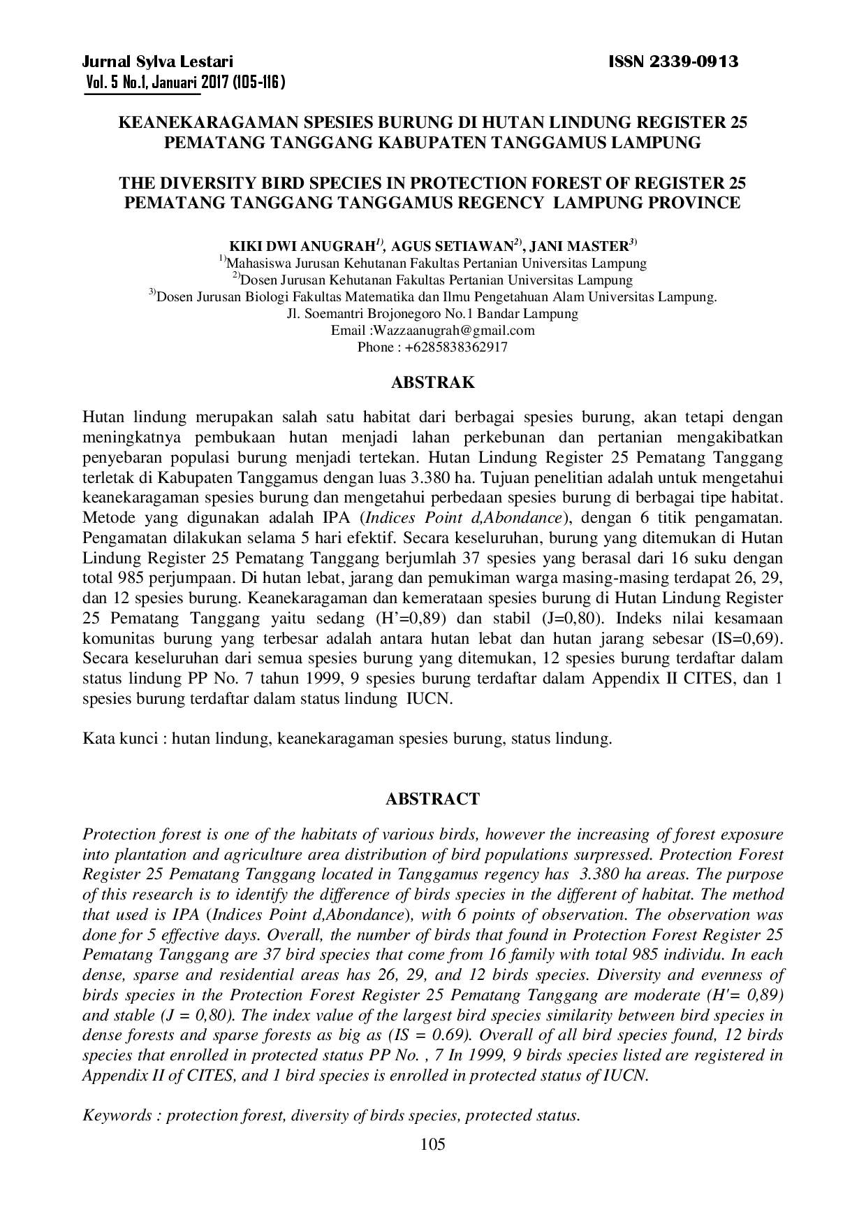 juris Keanekaragaman Spesies Burung Di Hutan Lindung Register 25 Pematang Tanggang Kabupaten Tanggamus Lampung