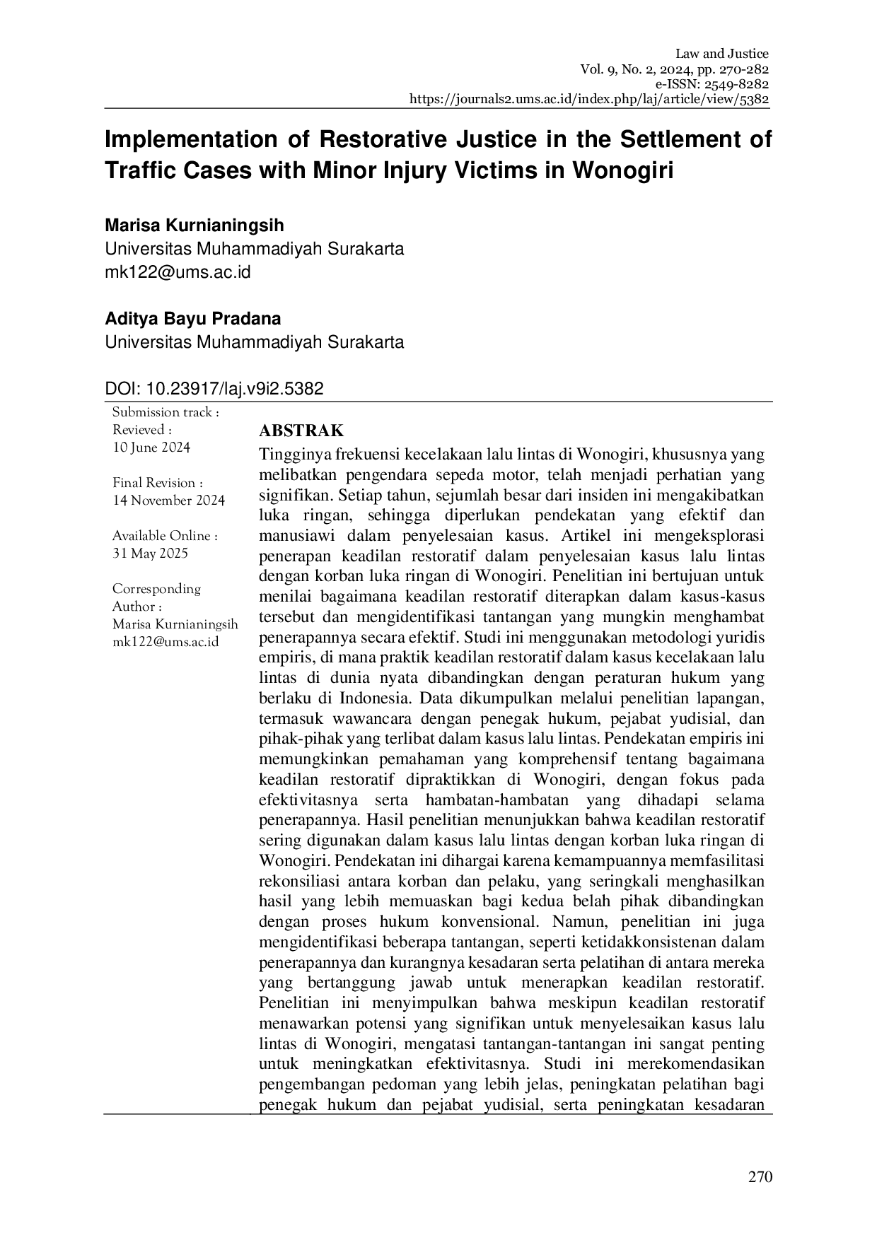JURIS Implementation of Restorative Justice in the Settlement of Traffic Cases with Minor Injury Victims in Wonogiri
