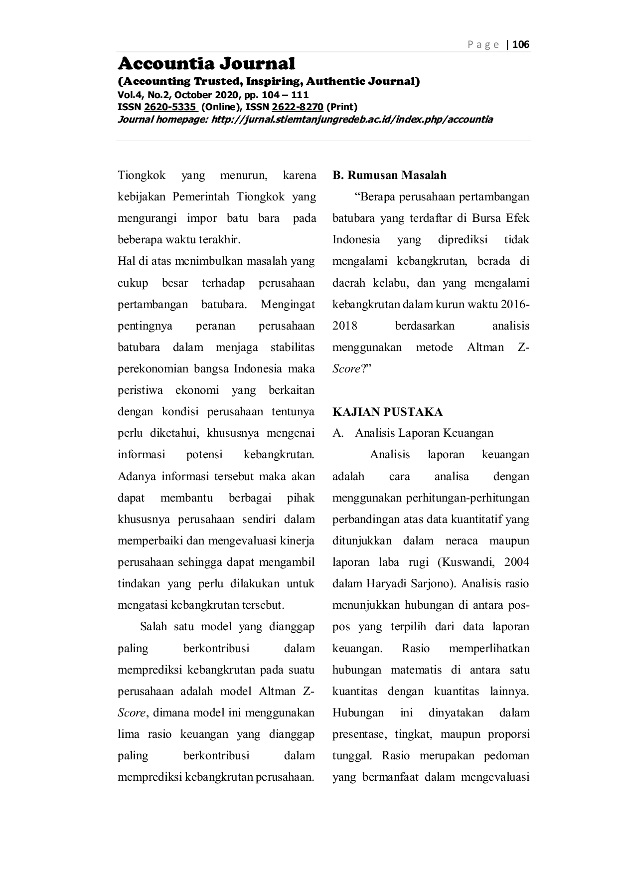 JURIS Analisis Prediksi Kebangkrutan Menggunakan Metode Altman Z Score Pada Perusahaan Pertambangan Batubara