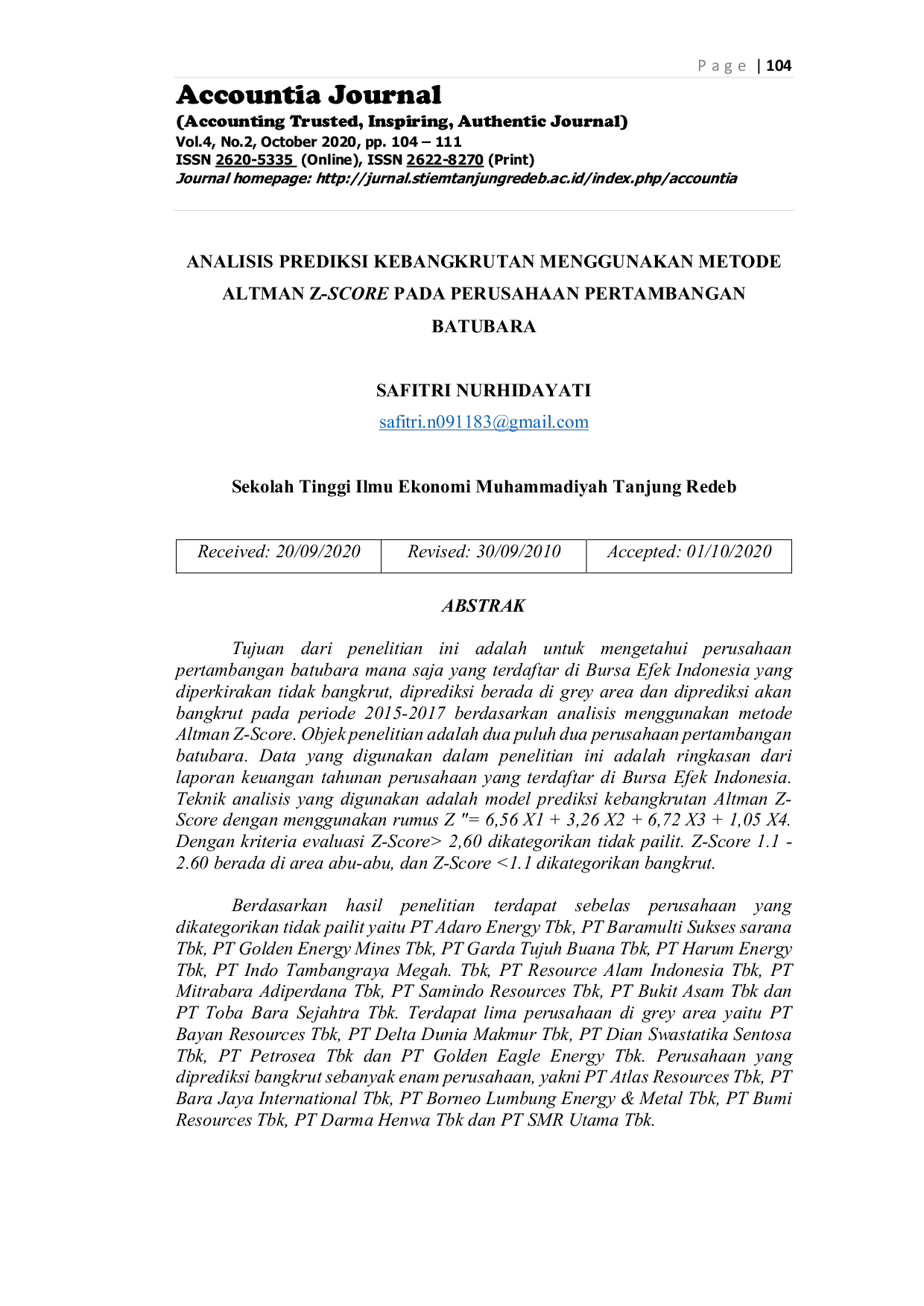 JURIS Analisis Prediksi Kebangkrutan Menggunakan Metode Altman Z Score Pada Perusahaan Pertambangan Batubara