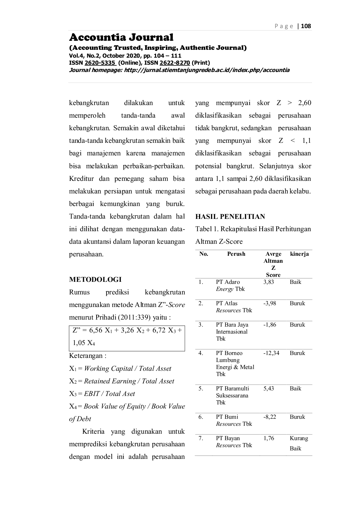 JURIS Analisis Prediksi Kebangkrutan Menggunakan Metode Altman Z Score Pada Perusahaan Pertambangan Batubara