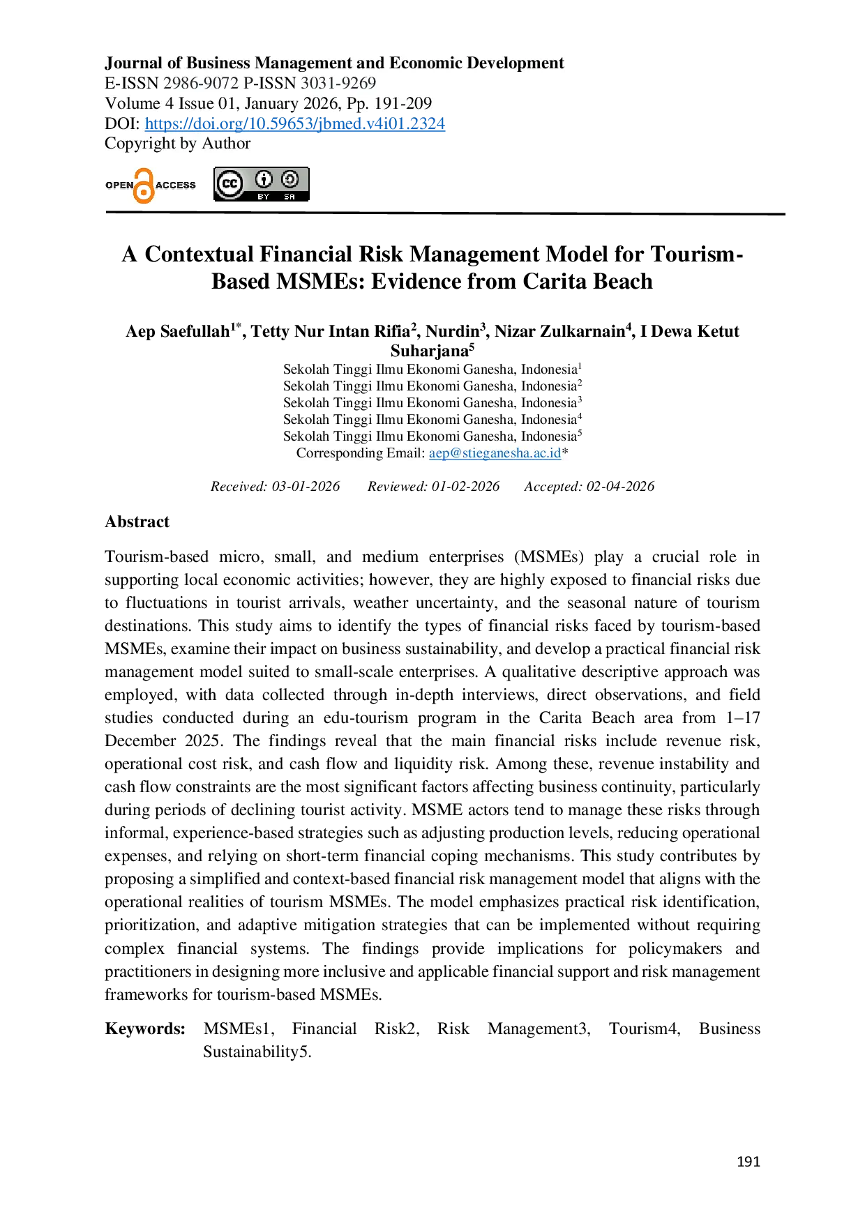 JURIS A Contextual Financial Risk Management Model for Tourism Based MSMEs Evidence from Carita Beach