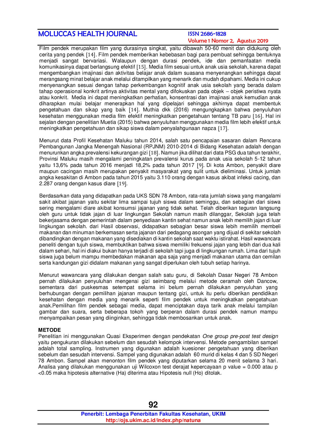 JURIS Media Film Pendek Berhasil Meningkatkan Pengetahuan Anak Usia Sekolah Dalam Memilih Jajanan Sehat