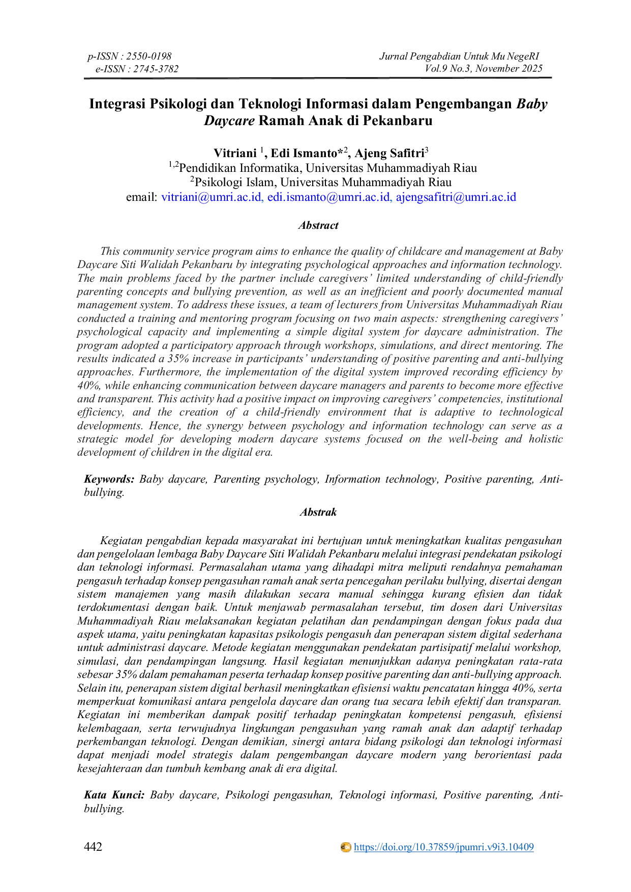 JURIS Integrasi Psikologi dan Teknologi Informasi dalam Pengembangan Baby Daycare Ramah Anak di Pekanbaru