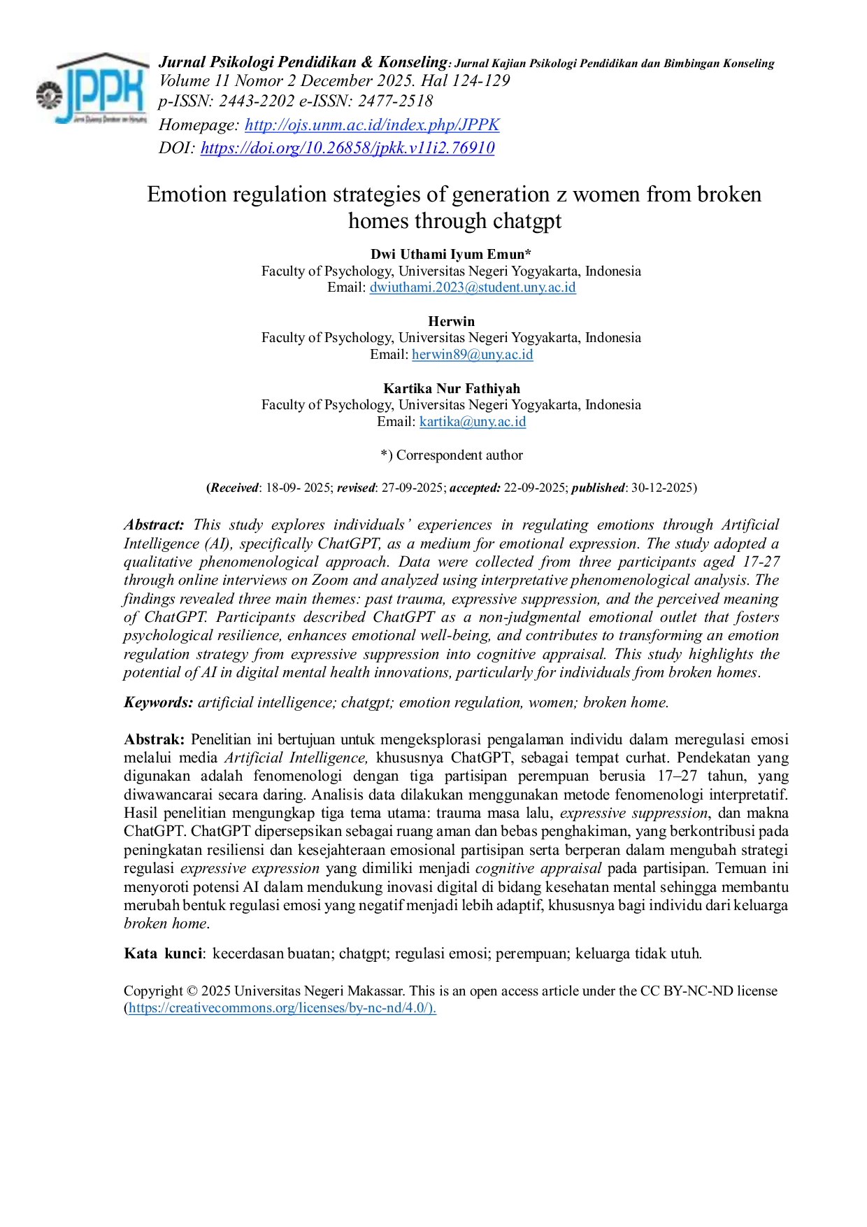 JURIS Emotion Regulation Strategies Through ChatGPT among Generation Z Women from Broken Home Families