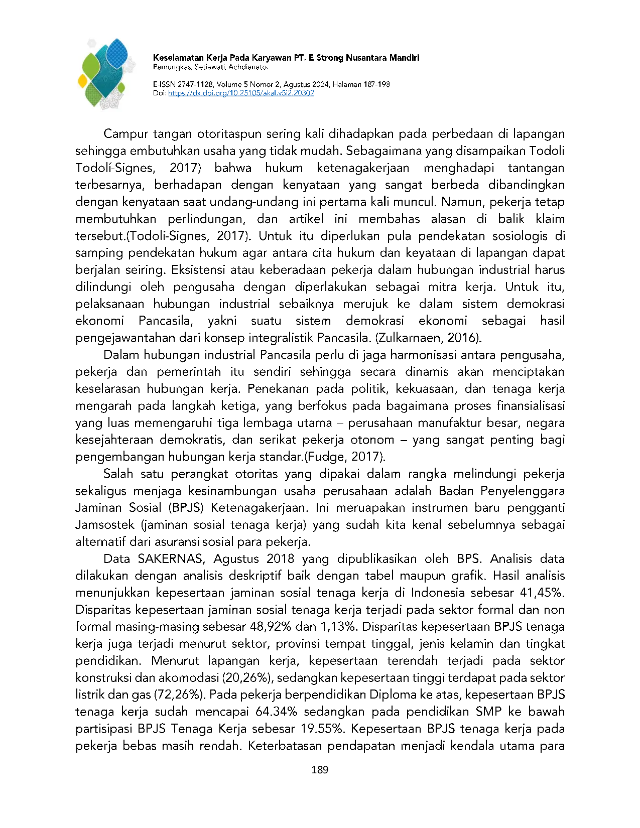 JURIS Keselamatan Kerja Pada Karyawan PT E Strong Nusantara Mandiri