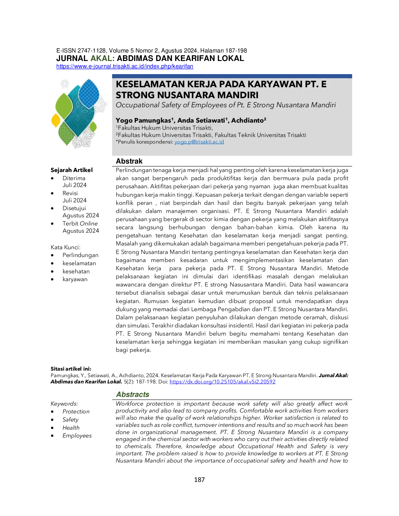 JURIS Keselamatan Kerja Pada Karyawan PT E Strong Nusantara Mandiri