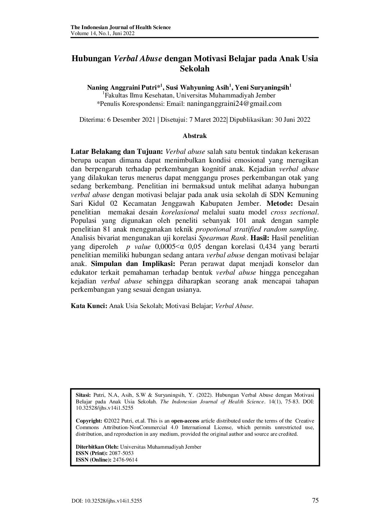 JURIS Hubungan Verbal Abuse dengan Motivasi Belajar pada Anak Usia Sekolah