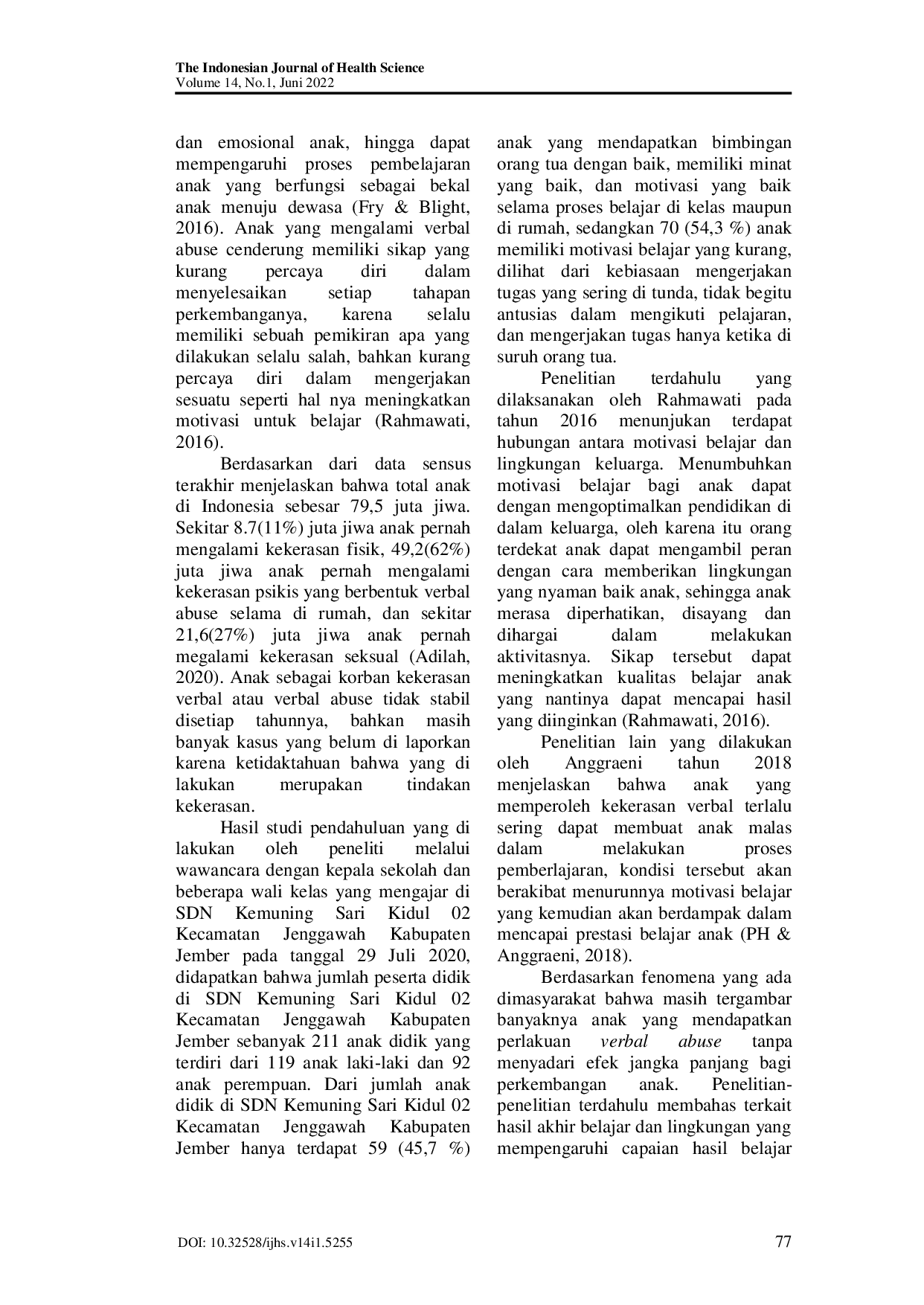 JURIS Hubungan Verbal Abuse dengan Motivasi Belajar pada Anak Usia Sekolah