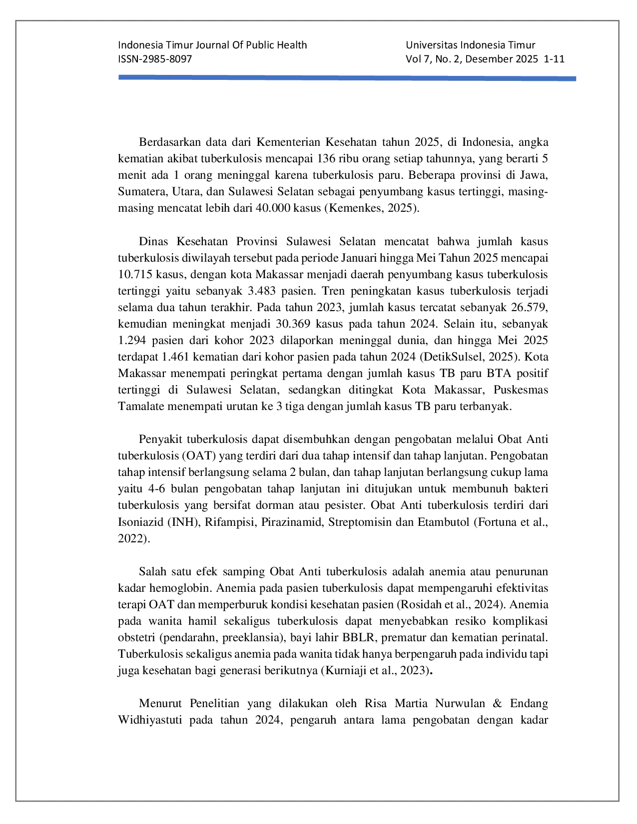 JURIS Gambaran Kadar Hemoglobin Pasien Wanita Tuberkulosis Paru Yang Mendapat Terapi Obat Anti Tuberkulosis Dipuskesmas Tamalate Kota Makassar