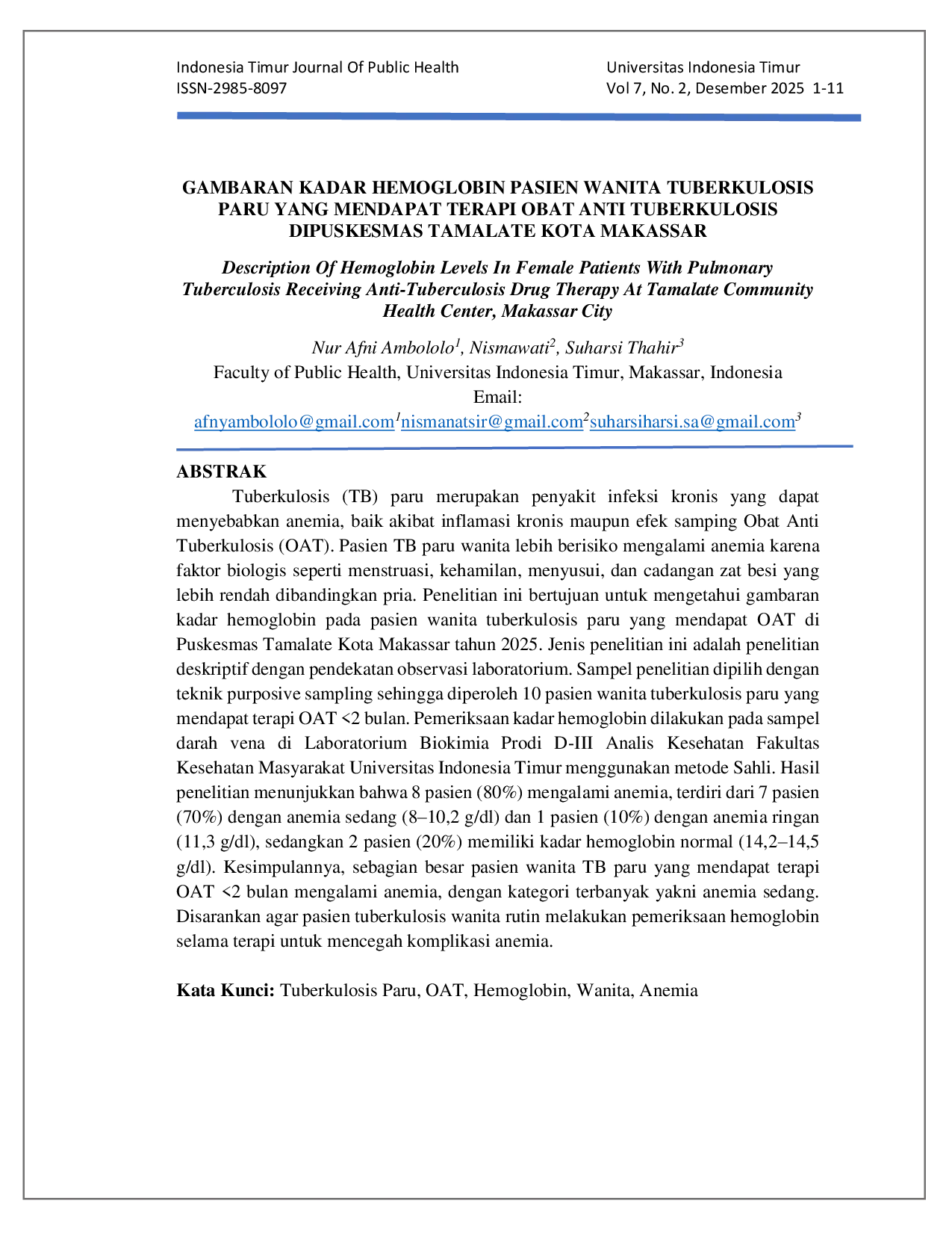 JURIS Gambaran Kadar Hemoglobin Pasien Wanita Tuberkulosis Paru Yang Mendapat Terapi Obat Anti Tuberkulosis Dipuskesmas Tamalate Kota Makassar