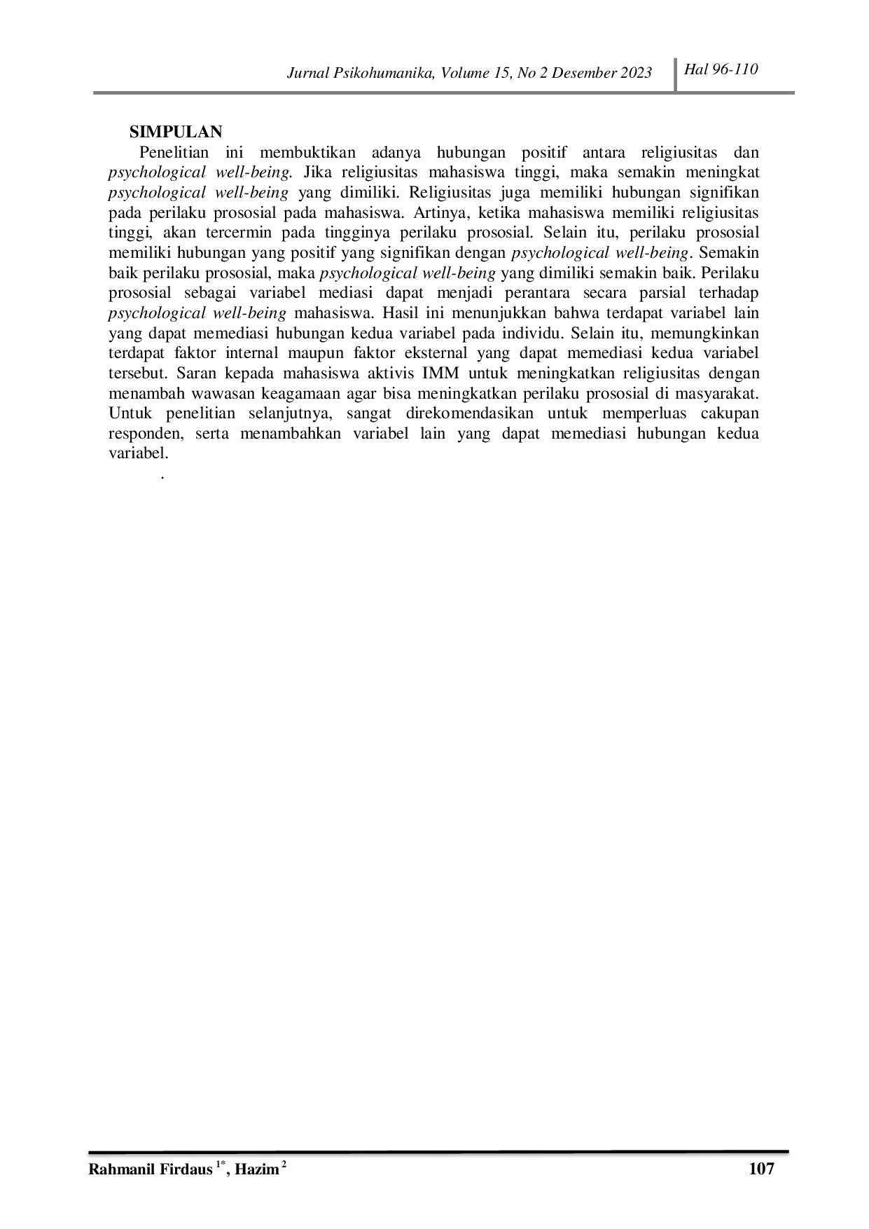 JURIS Religiousitas Dan Psychological Well Being Peran Mediasi Perilaku Prososial Pada Mahasiswa Aktivis Organisasi IMM
