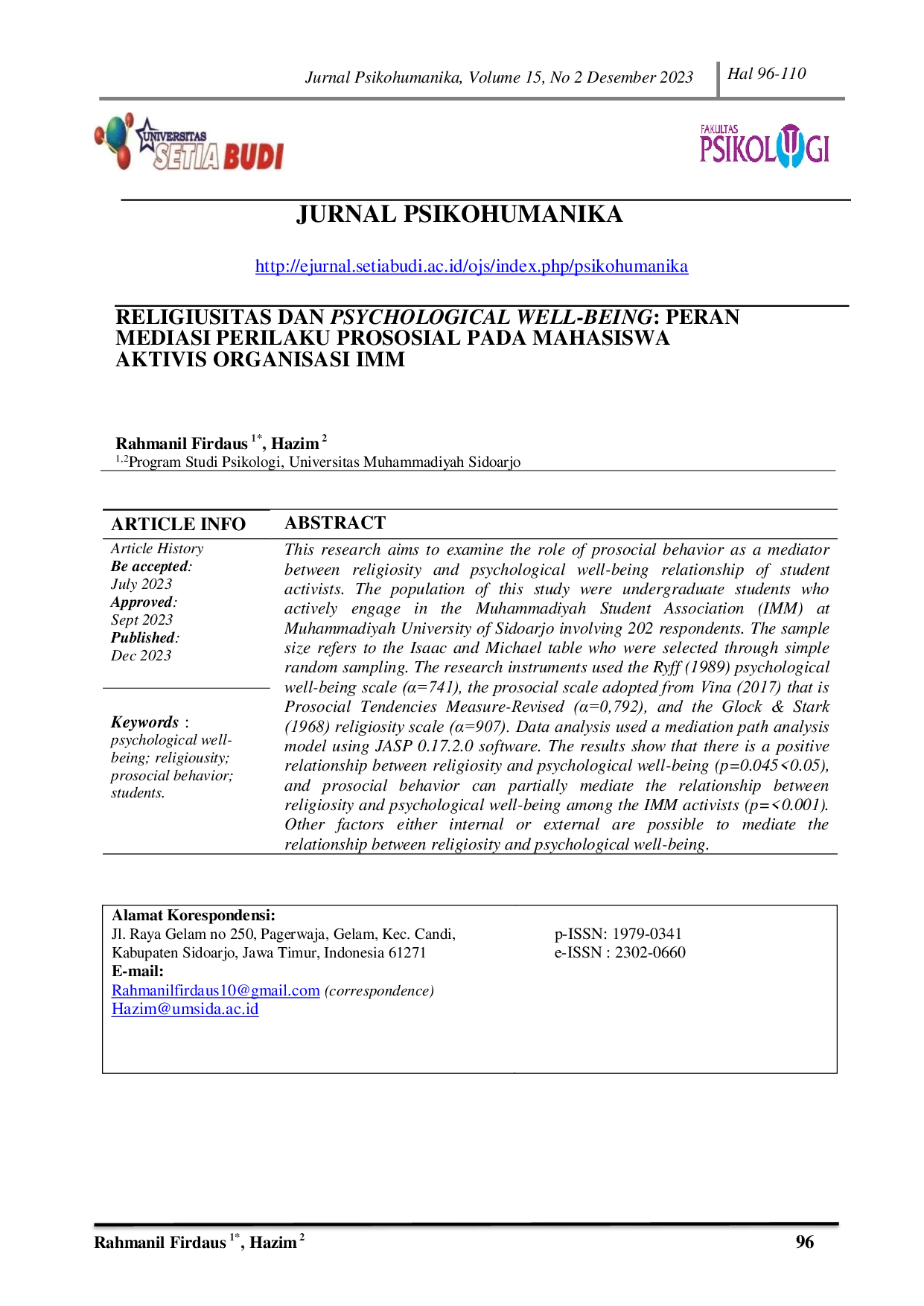 JURIS Religiousitas Dan Psychological Well Being Peran Mediasi Perilaku Prososial Pada Mahasiswa Aktivis Organisasi IMM