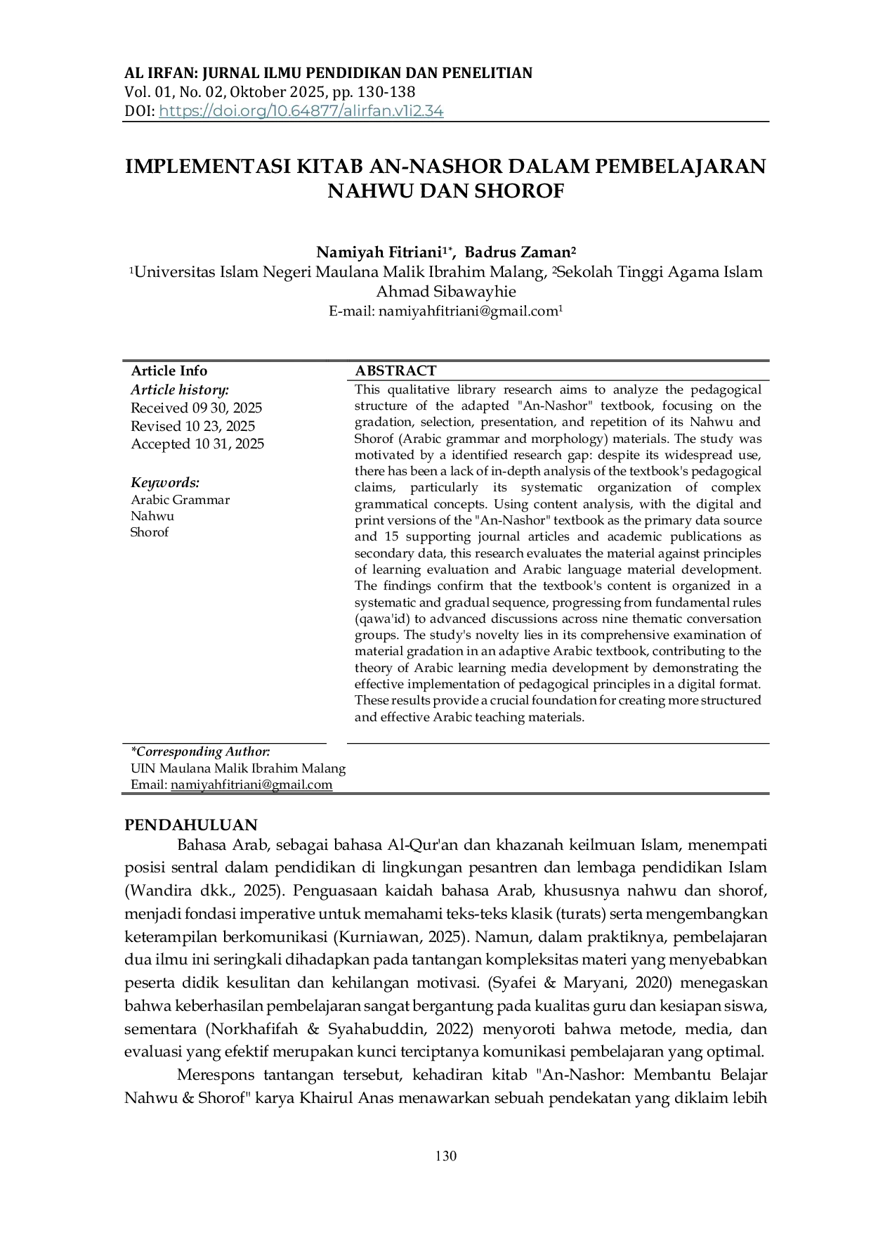 JURIS Implementasi Kitab An Nashor Dalam Pembelajaran Nahwu Dan Shorof