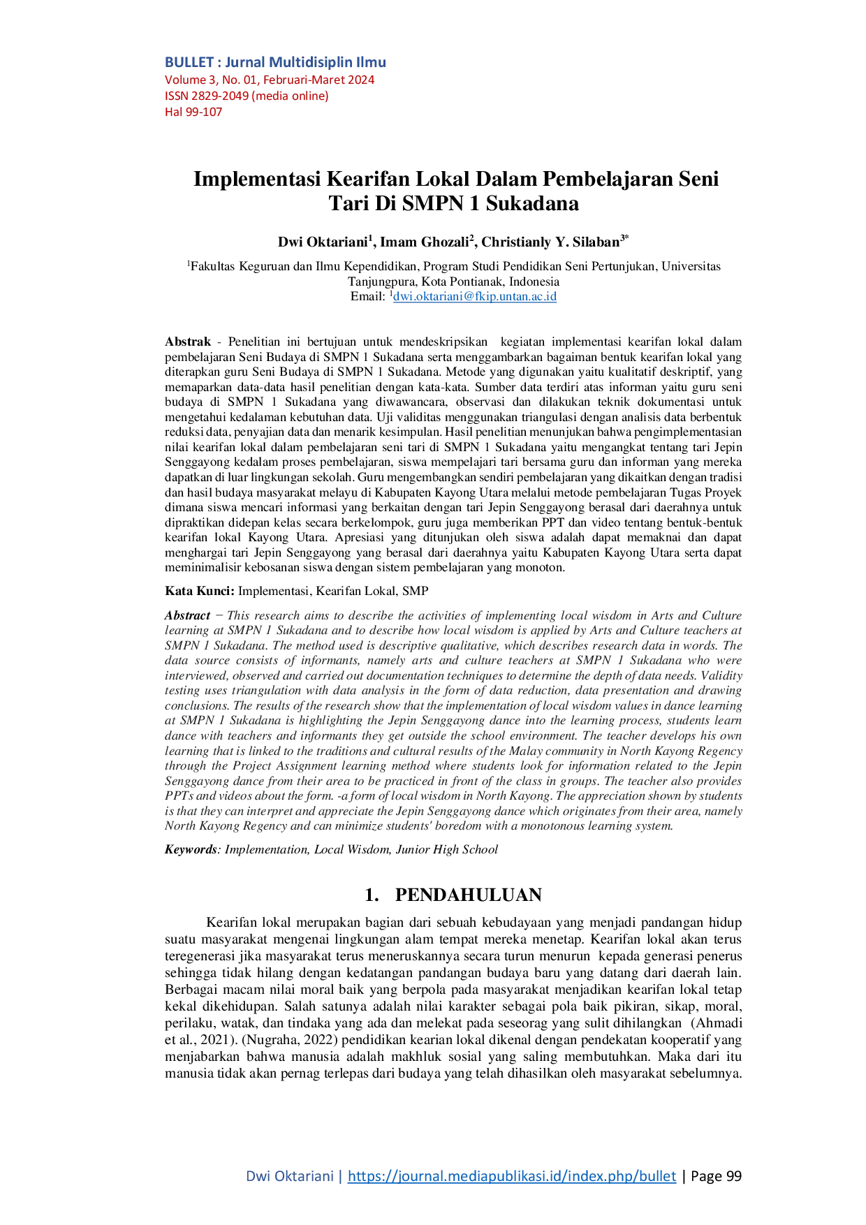 JURIS Implementasi Kearifan Lokal Dalam Pembelajaran Seni Tari Di SMPN 1 Sukadana