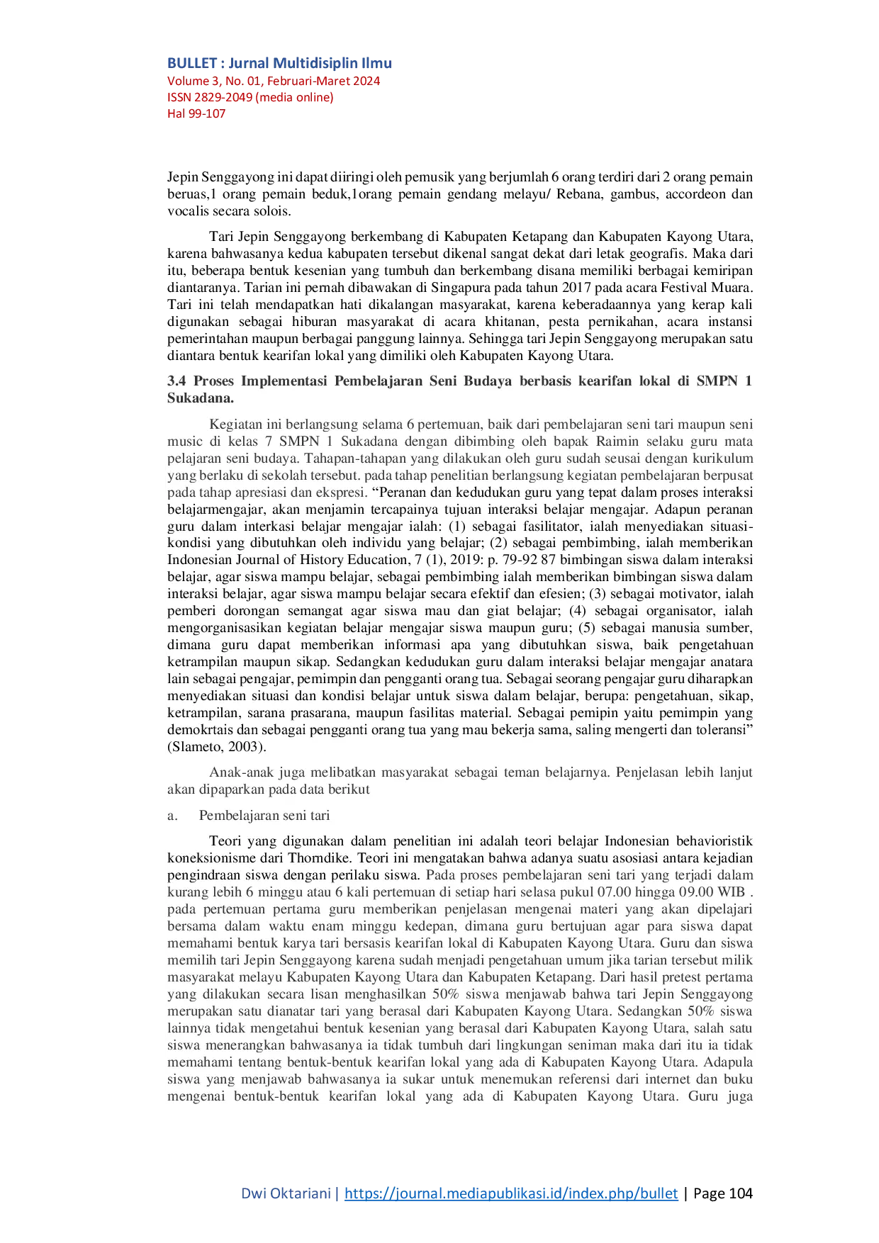 JURIS Implementasi Kearifan Lokal Dalam Pembelajaran Seni Tari Di SMPN 1 Sukadana