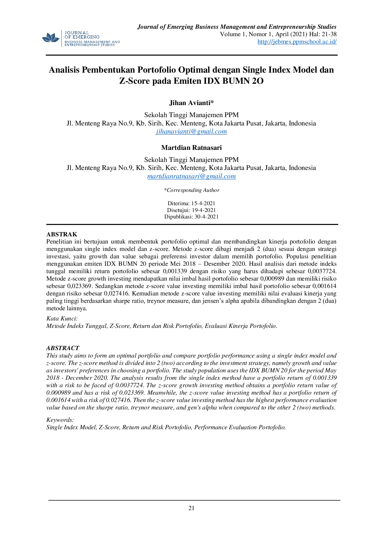JURIS Analisis Pembentukan Portofolio Optimal dengan Single Index Model dan Z Score pada Emiten IDX BUMN 2O