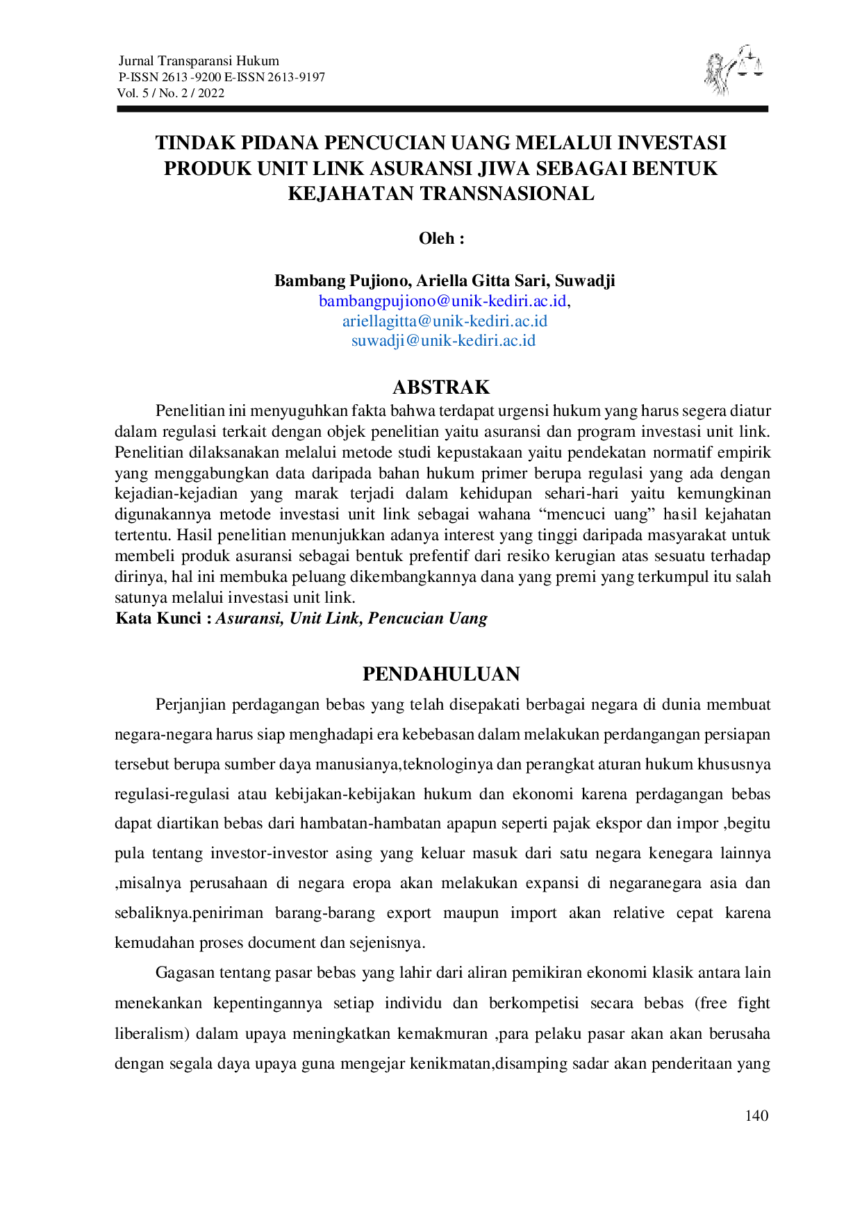 JURIS Tindak Pidana Pencucian Uang Melalui Investasi Produk Unit Link Asuransi Jiwa Sebagai Bentuk Kejahatan Transnasional