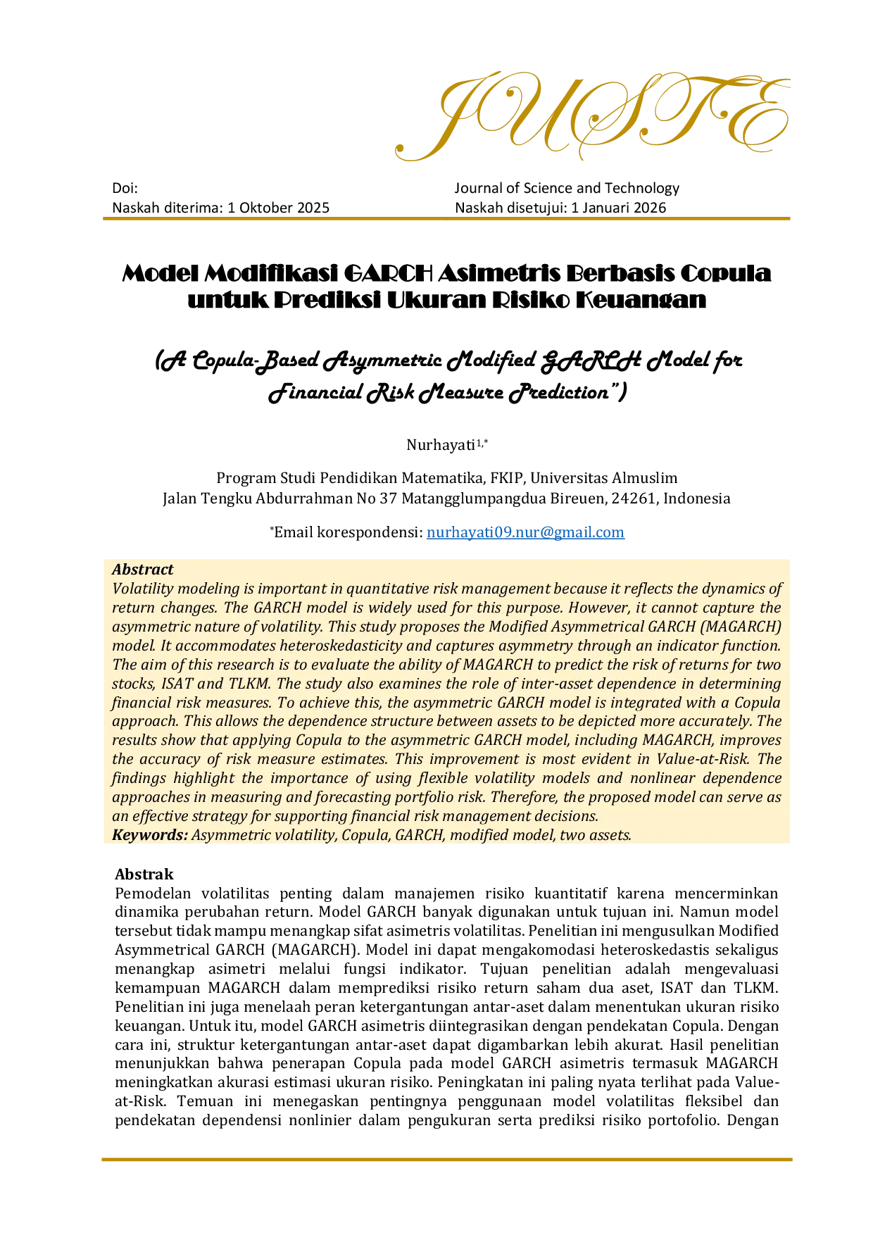 JURIS Model Modifikasi GARCH Asimetris Berbasis Copula untuk Prediksi Ukuran Risiko Keuangan