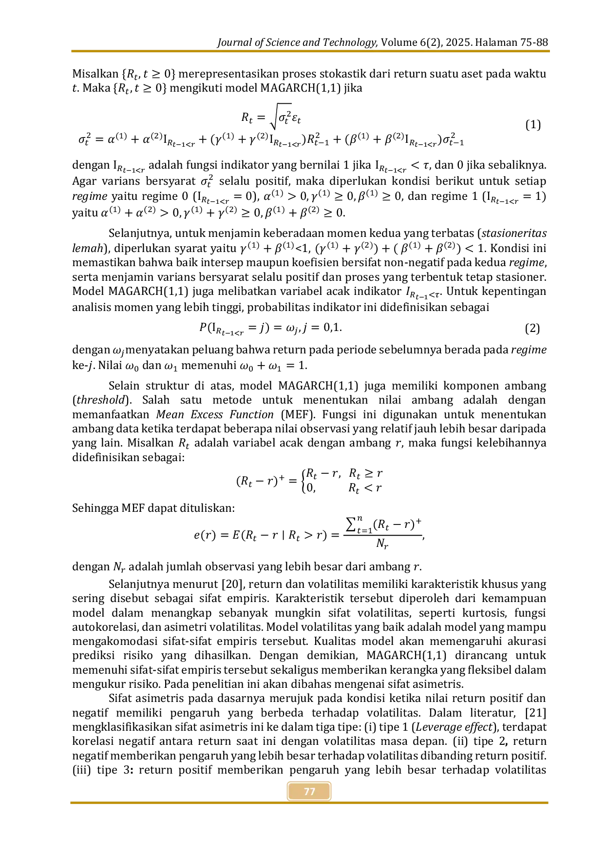 JURIS Model Modifikasi GARCH Asimetris Berbasis Copula untuk Prediksi Ukuran Risiko Keuangan