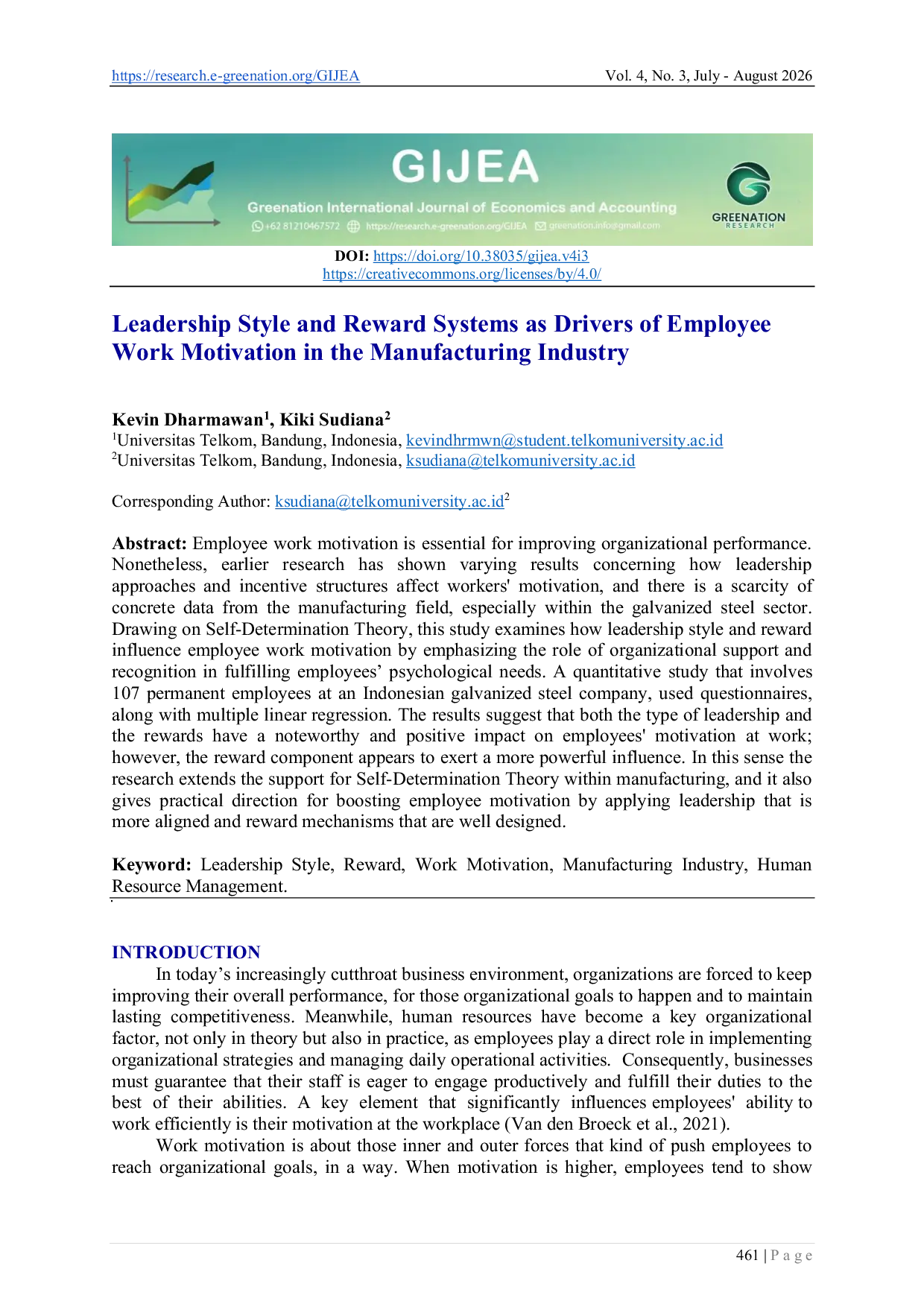 JURIS Leadership Style and Reward Systems as Drivers of Employee Work Motivation in the Manufacturing Industry