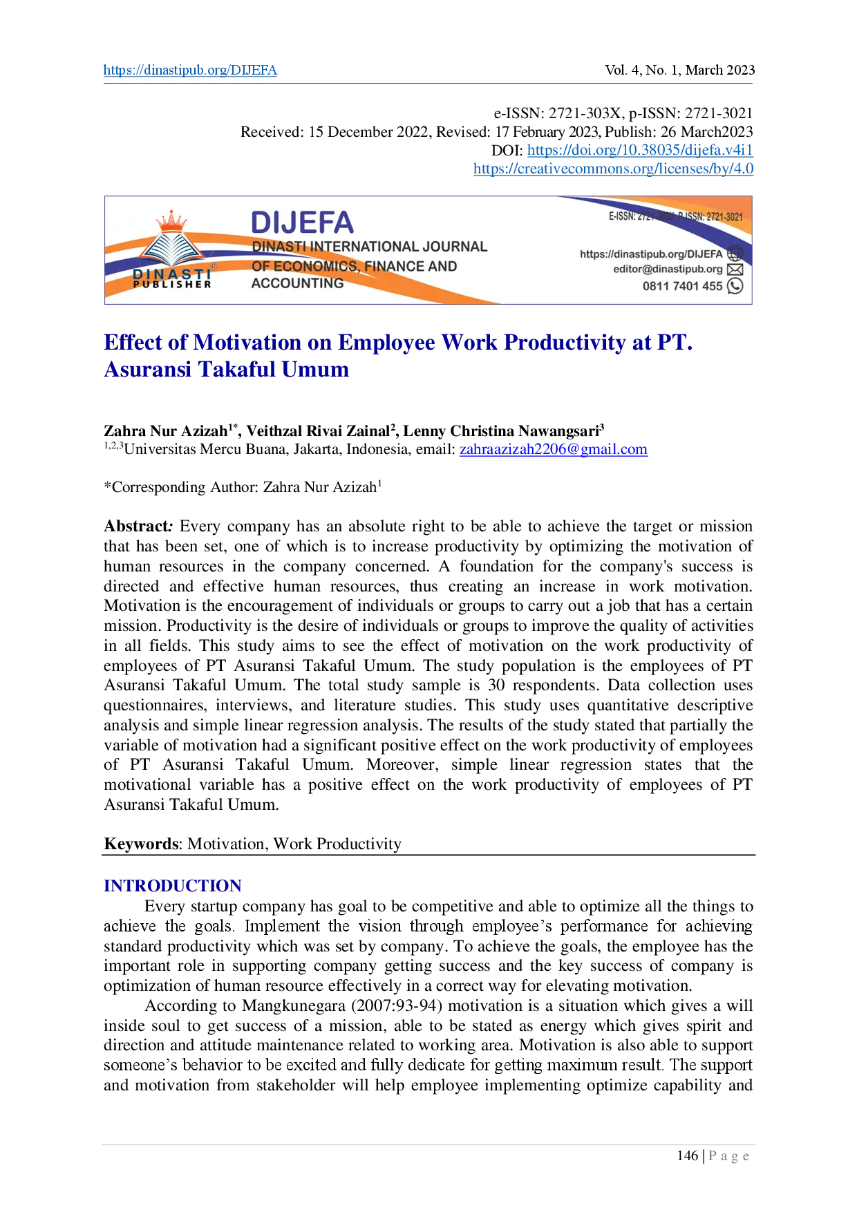 juris Effect of Motivation on Employee Work Productivity at PT Asuransi Takaful Umum