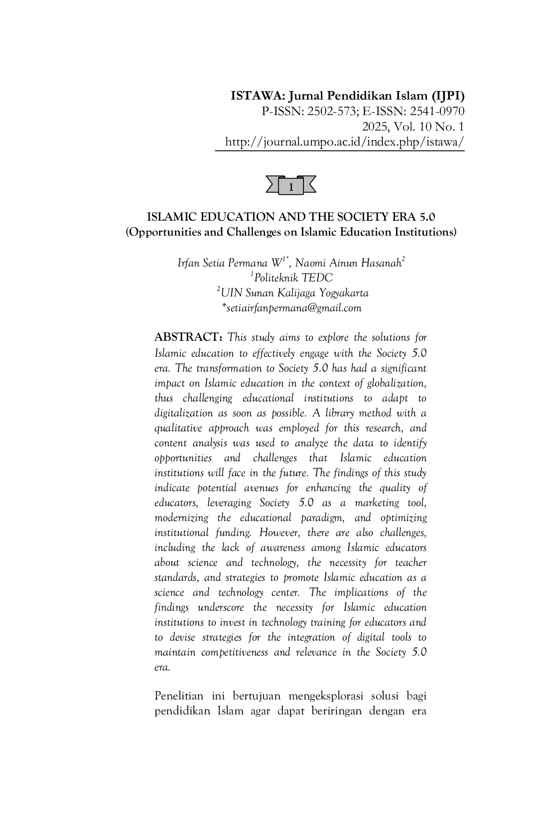 JURIS ISLAMIC EDUCATION AND THE SOCIETY ERA 5 0 Opportunities and Challenges on Islamic Education Institutions