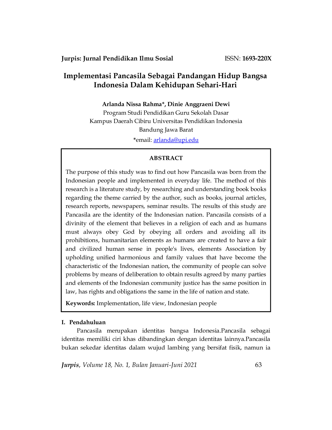 JURIS Implementasi Pancasila Sebagai Pandangan Hidup Bangsa Indonesia Dalam Kehidupan Sehari Hari