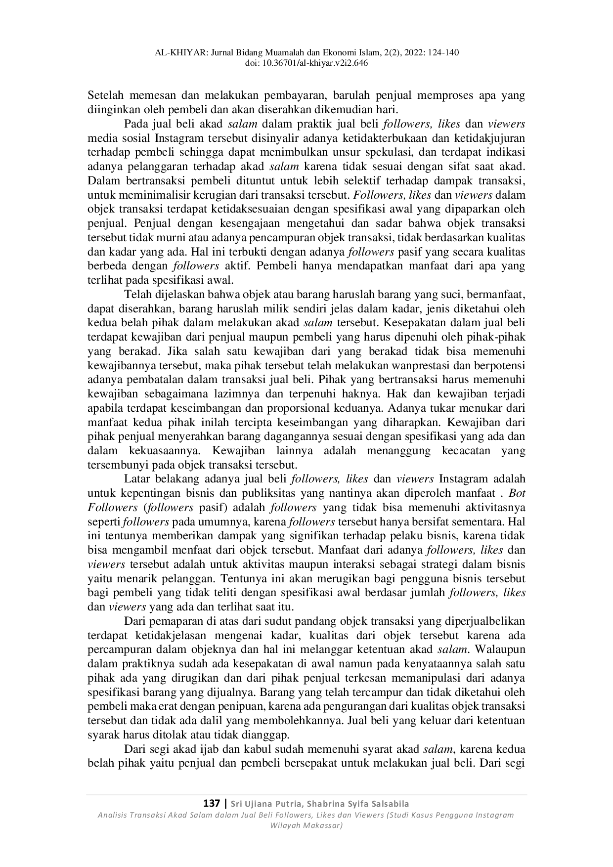 JURIS Analisis Transaksi Akad Salam dalam Jual Beli Followers Likes dan Viewers Studi Kasus Pengguna Instagram Wilayah Makassar Analysis of Salam Contract Transactions in Buying and Selling Followers L
