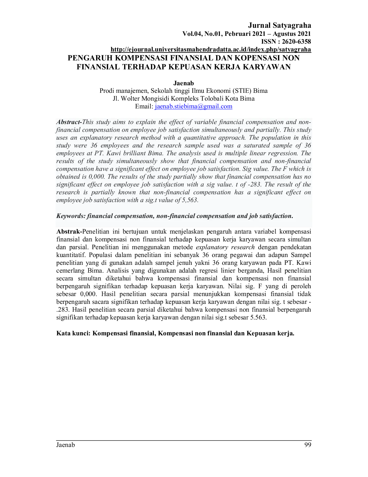 JURIS PENGARUH KOMPENSASI FINANSIAL DAN KOPENSASI NON FINANSIAL TERHADAP KEPUASAN KERJA KARYAWAN