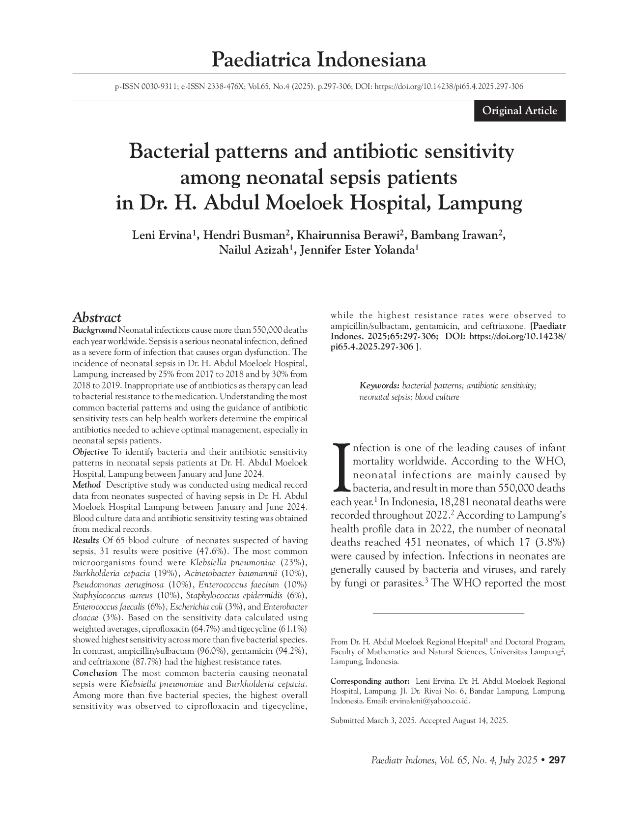 JURIS Bacterial patterns and antibiotic sensitivity among neonatal sepsis patients in Dr H Abdul Moeloek Hospital Lampung