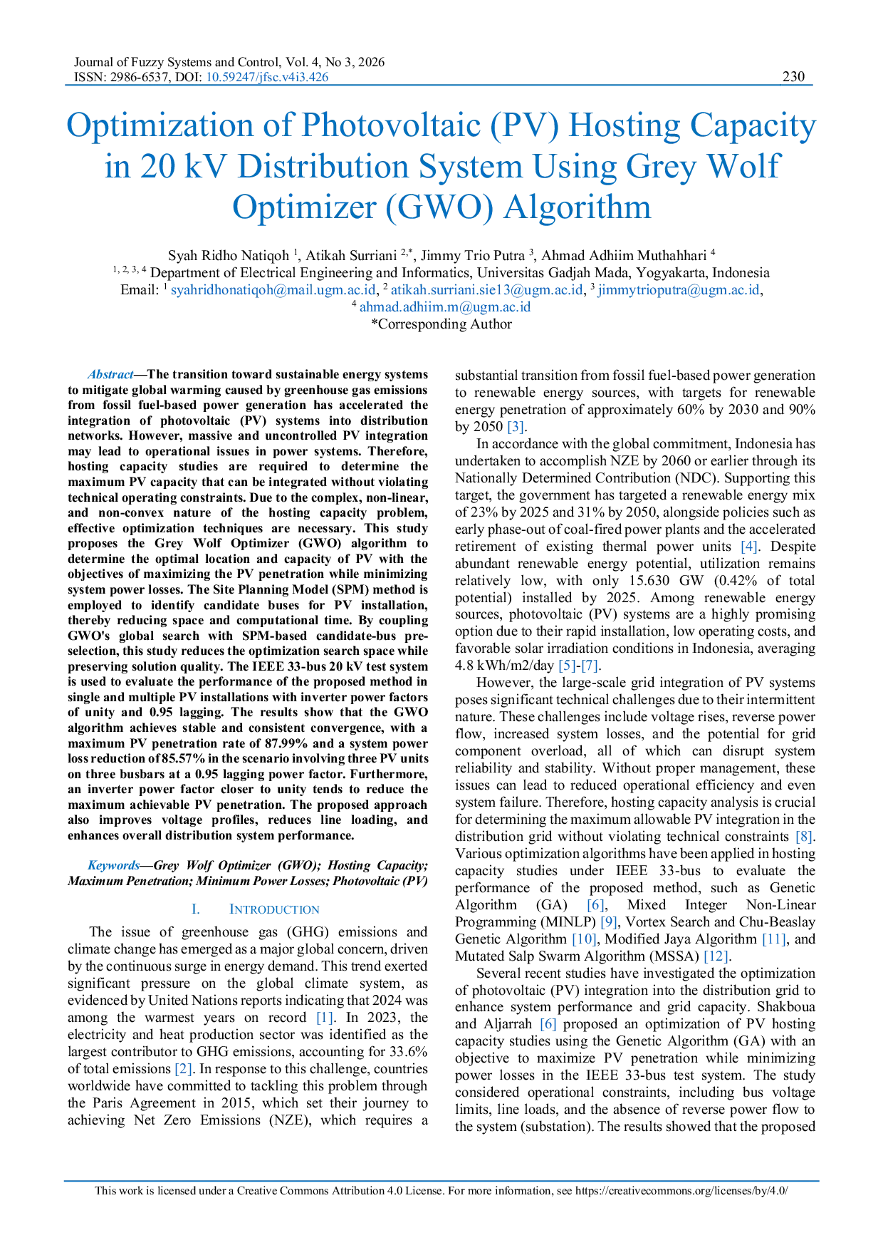 JURIS Optimization of Photovoltaic PV Hosting Capacity in 20 kV Distribution System Using Grey Wolf Optimizer GWO Algorithm