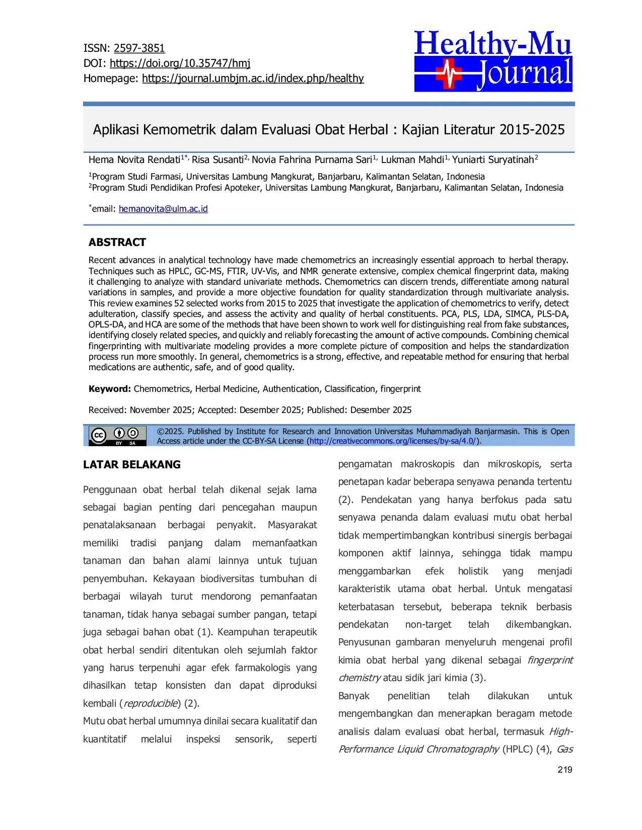 JURIS Aplikasi Kemometrik dalam Evaluasi Obat Herbal Kajian Literatur 2015 2025