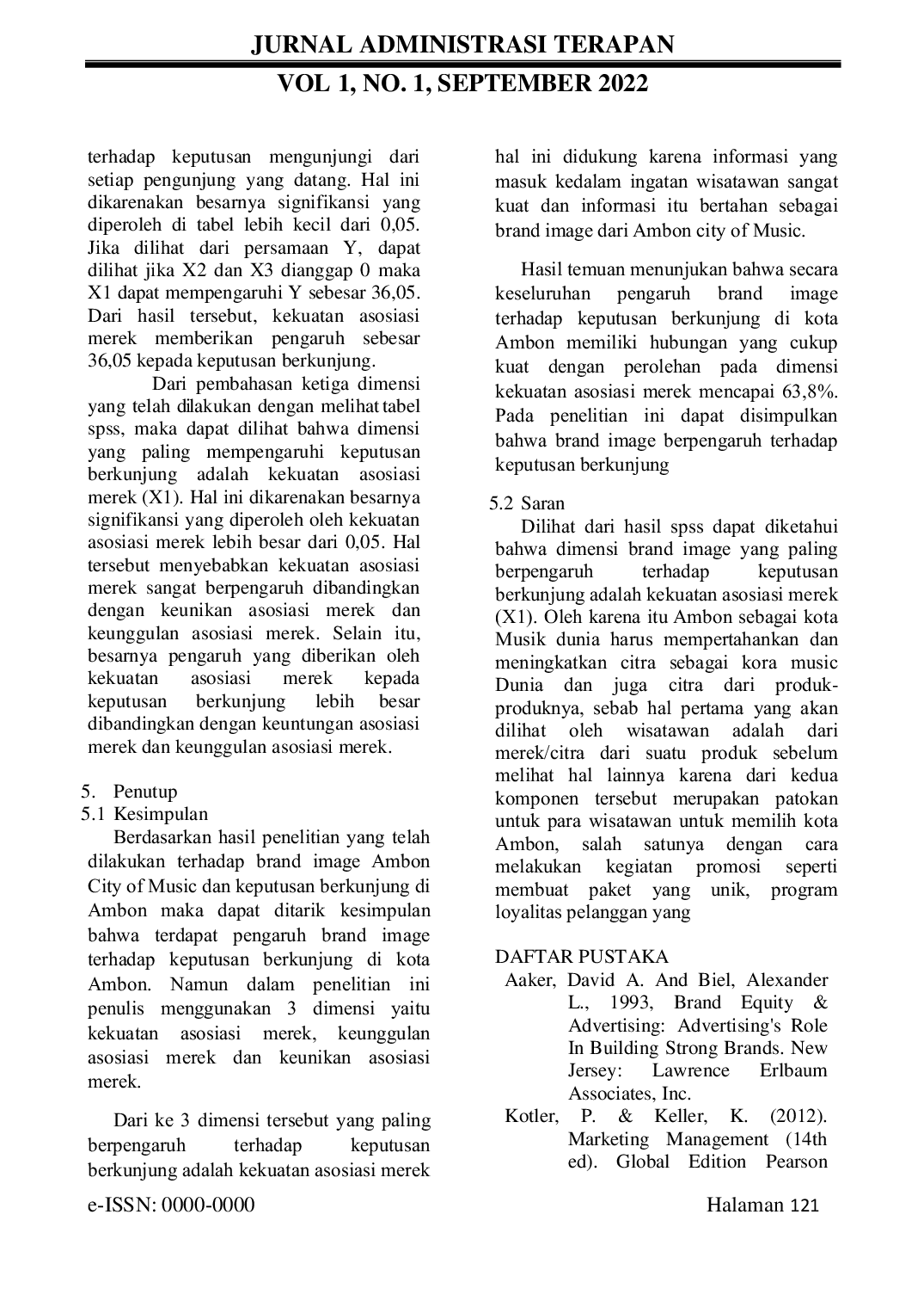 JURIS Pengaruh Brand Image Ambon City of Music Terhadap Keputusan Berkunjung Wisatawan Ke Kota Ambon