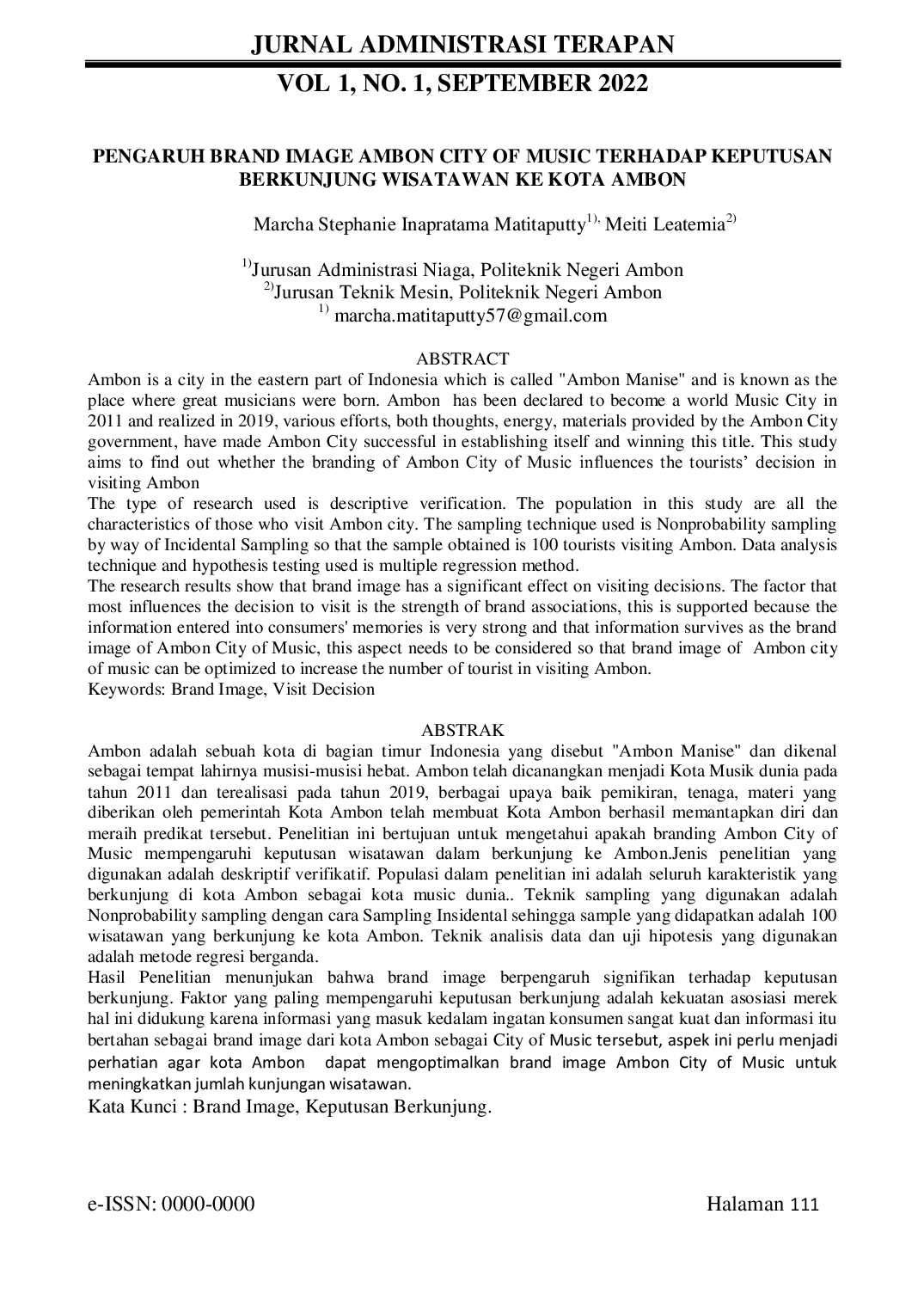 JURIS Pengaruh Brand Image Ambon City of Music Terhadap Keputusan Berkunjung Wisatawan Ke Kota Ambon