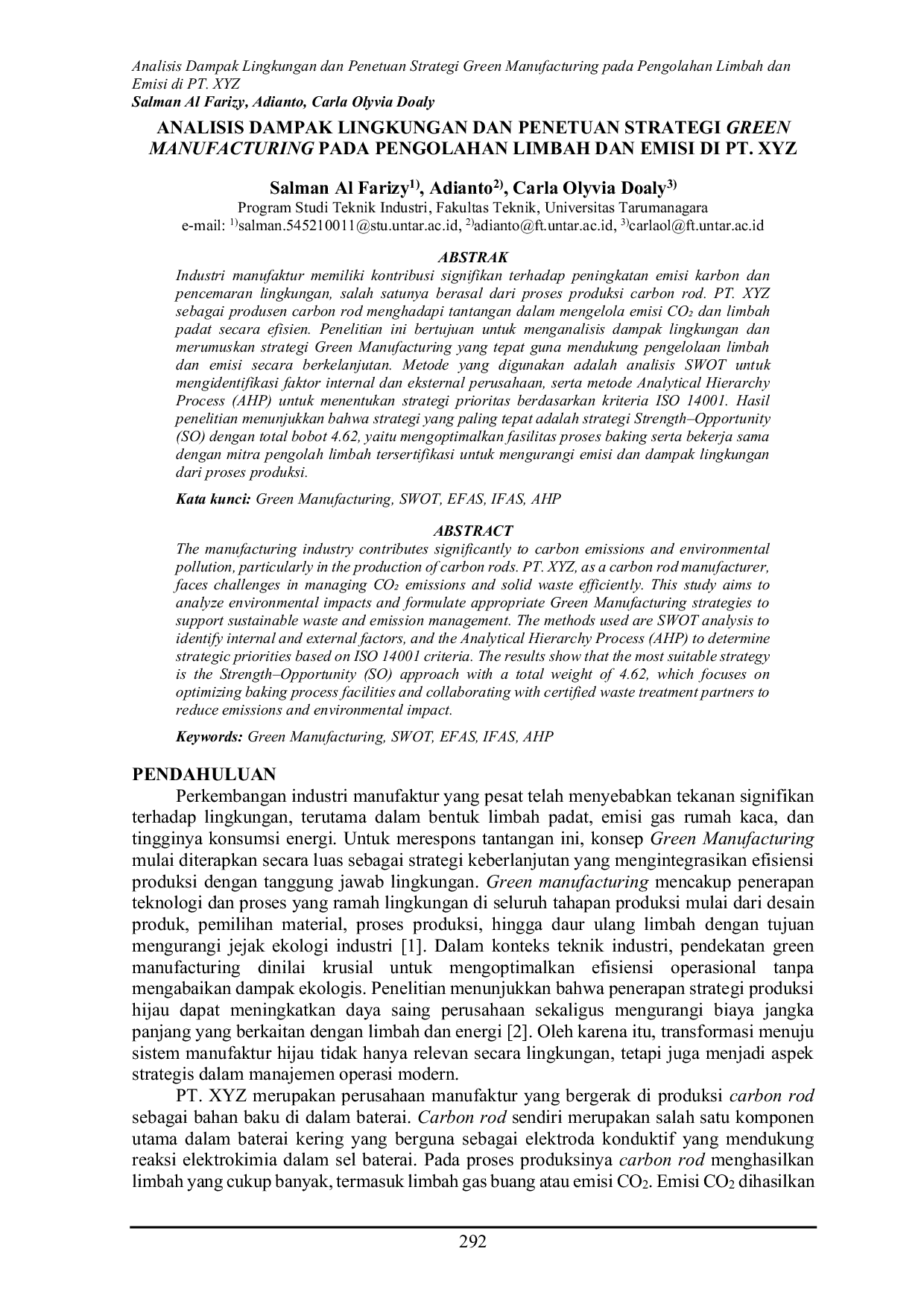 JURIS Analisis Dampak Lingkungan dan Penentuan Strategi Green Manufacturing pada Pengolahan Limbah dan Emisi di PT XYZ